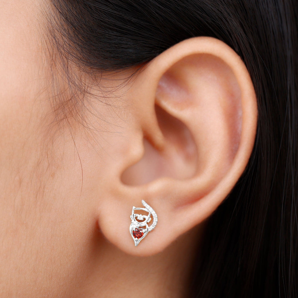 Heart Shape Garnet and Diamond Cat Stud Earrings