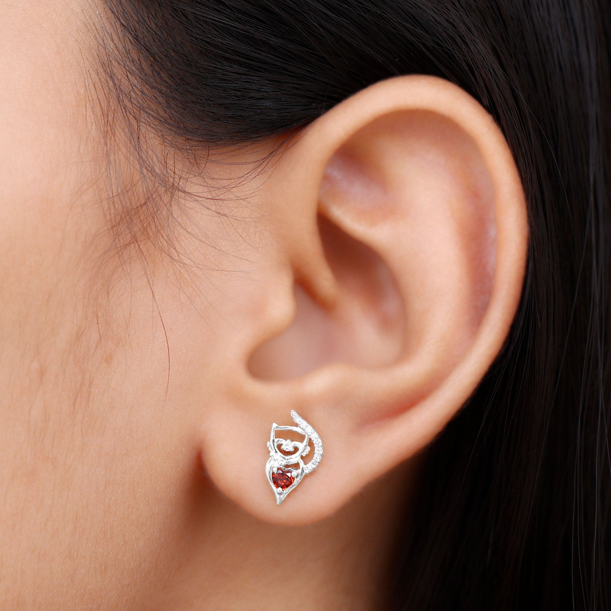 Heart Shape Garnet and Diamond Cat Stud Earrings