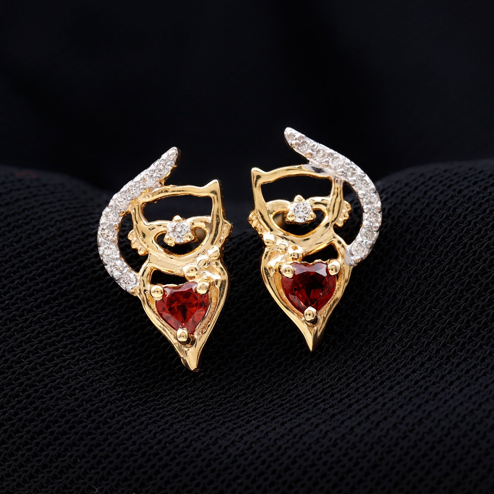 Heart Shape Garnet and Diamond Cat Stud Earrings
