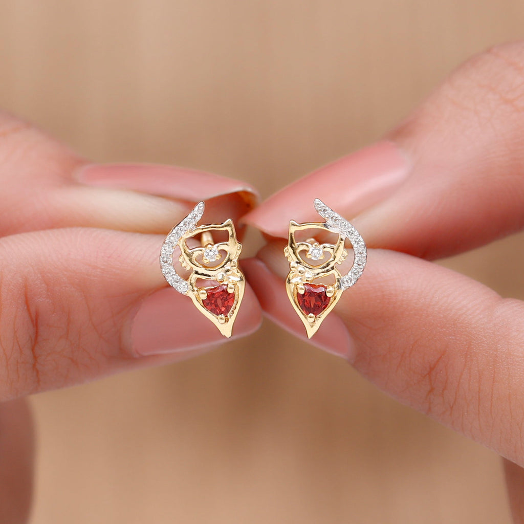 Heart Shape Garnet and Diamond Cat Stud Earrings
