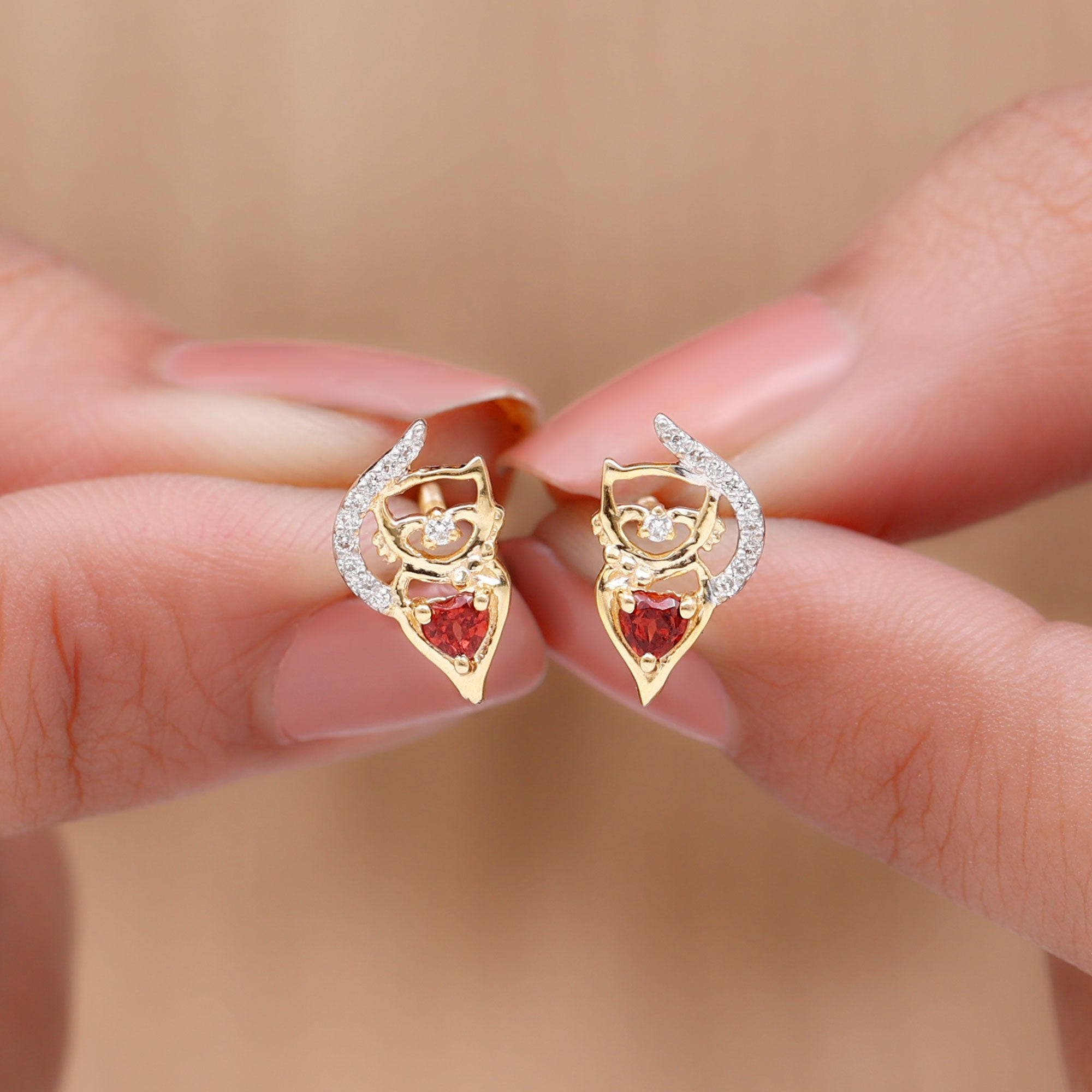 Heart Shape Garnet and Diamond Cat Stud Earrings
