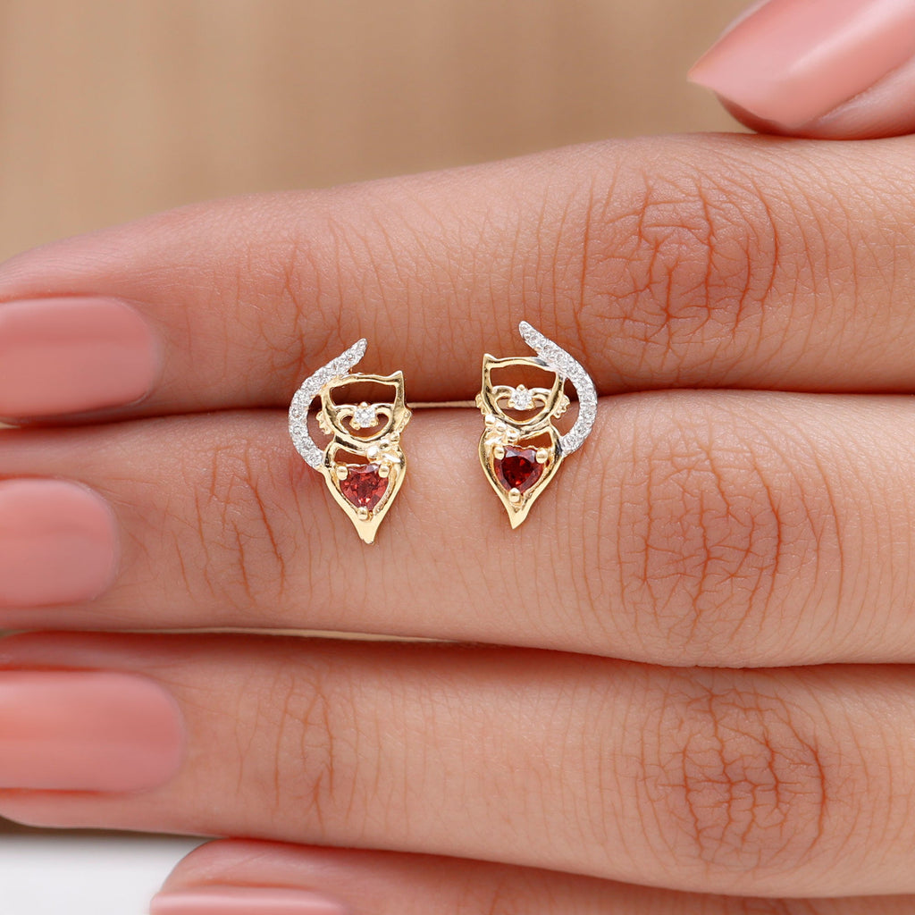 Heart Shape Garnet and Diamond Cat Stud Earrings
