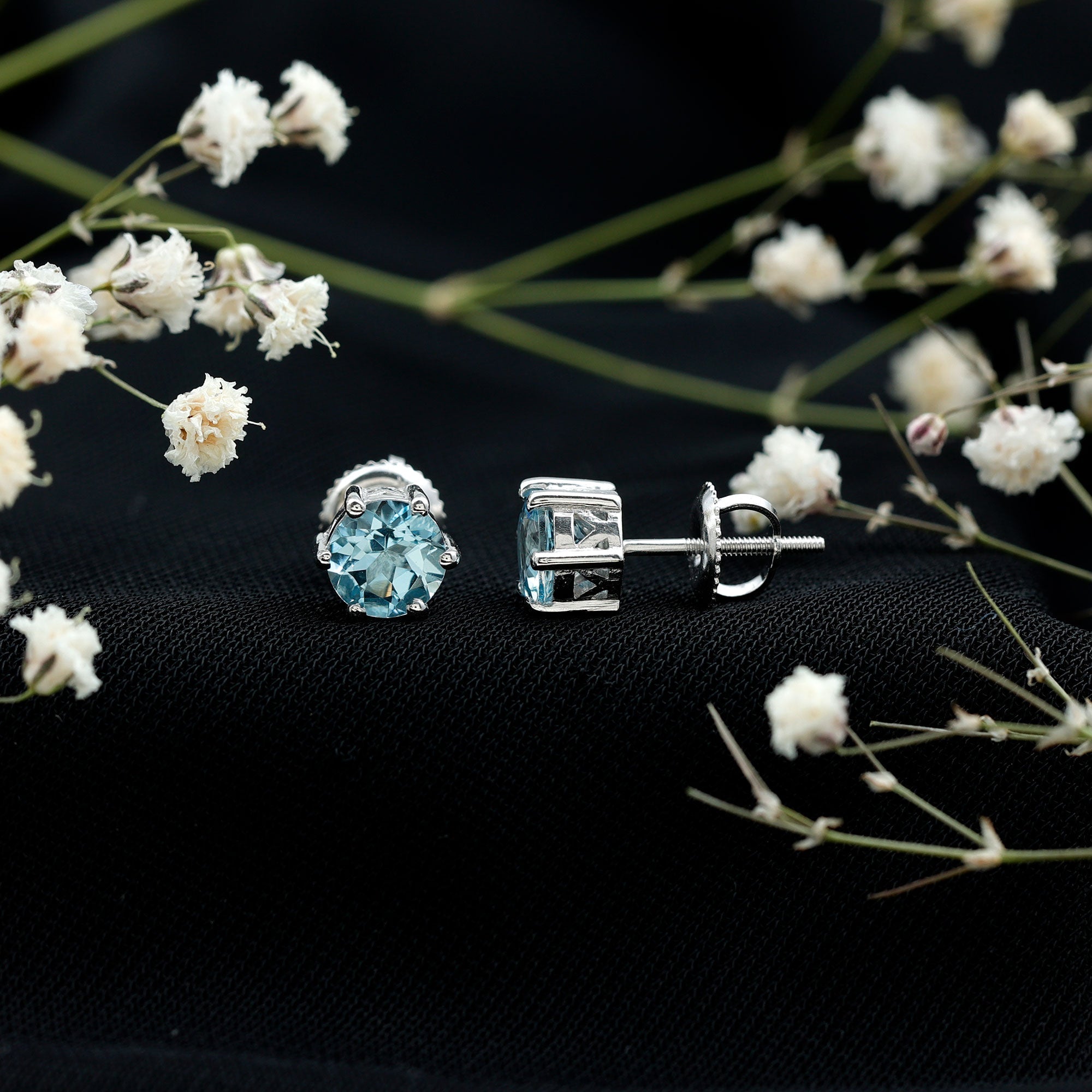1.5 Carat Round Aquamarine Solitaire Stud Earrings
