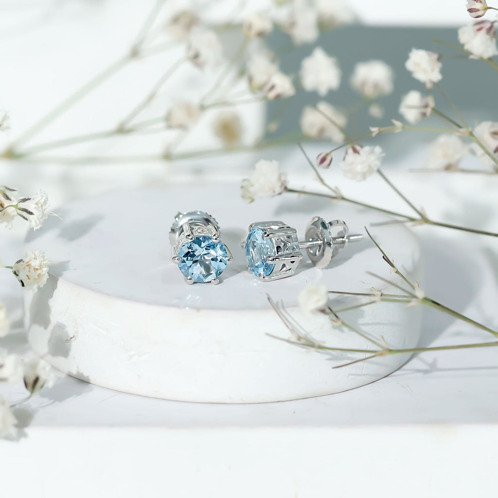 1.5 Carat Round Aquamarine Solitaire Stud Earrings