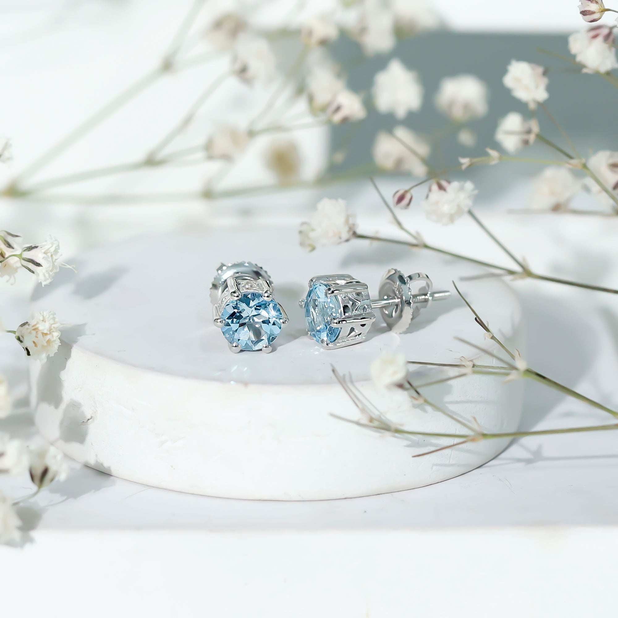 1.5 Carat Round Aquamarine Solitaire Stud Earrings