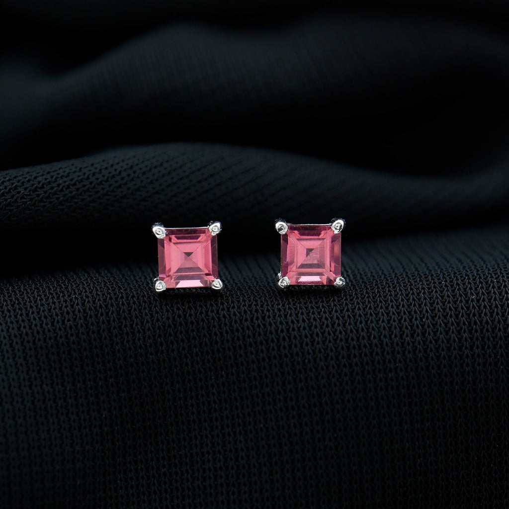 2 Carat Princess Cut Pink Tourmaline Stud Earrings with Screw Back