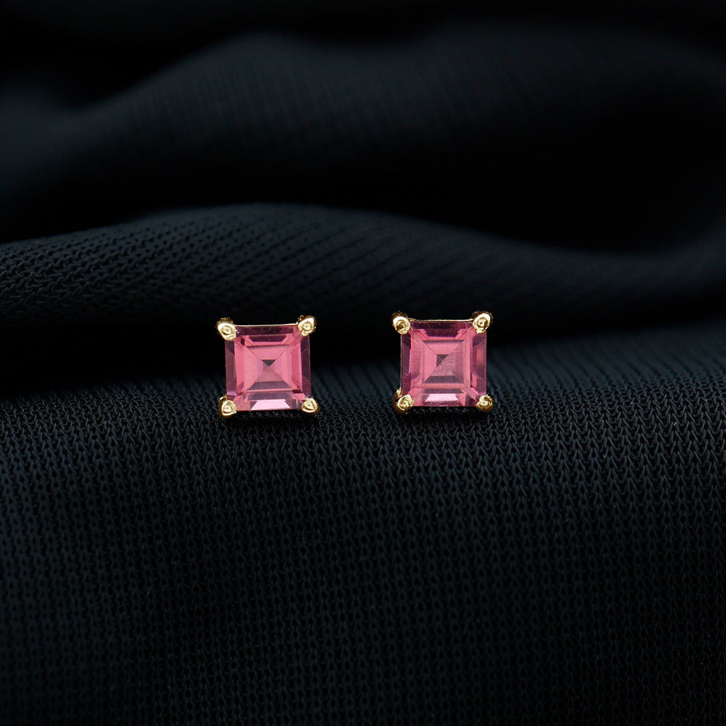2 Carat Princess Cut Pink Tourmaline Stud Earrings with Screw Back