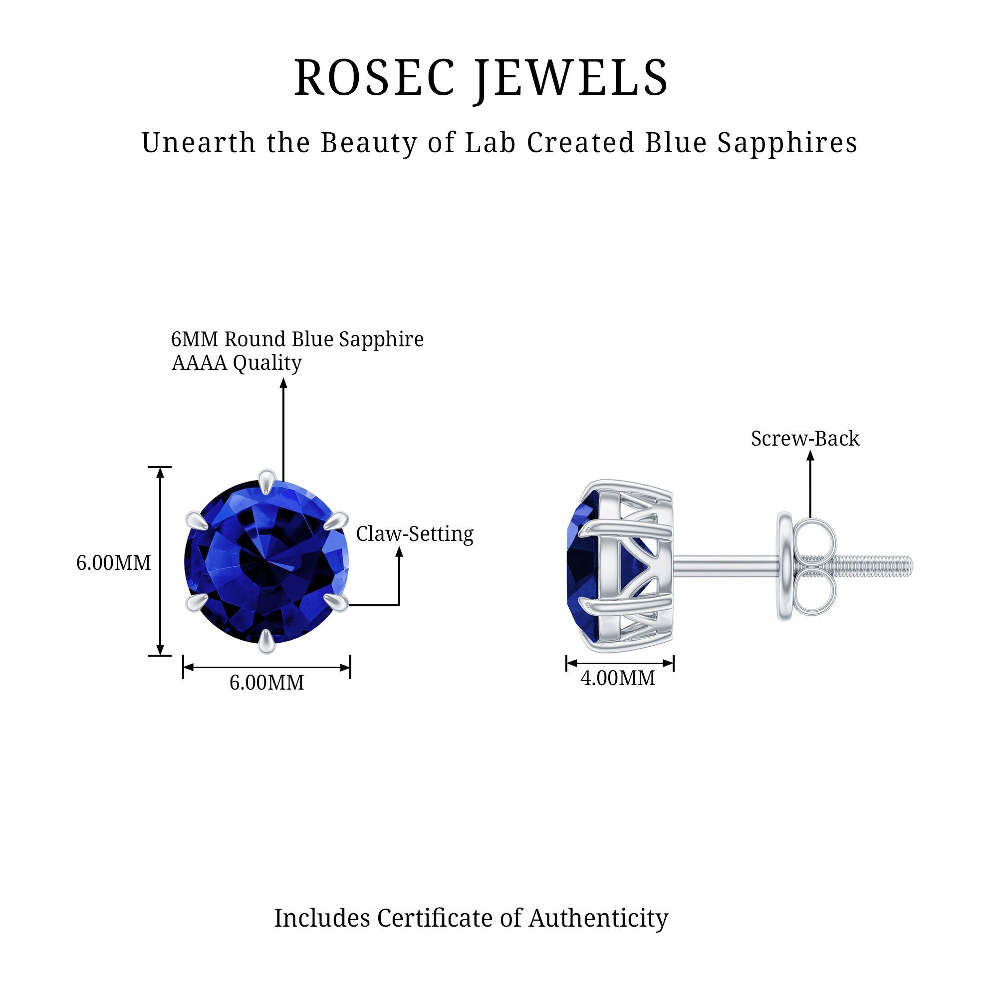 2 CT Lab Created Blue Sapphire Stud Earrings in 6 Prong Setting
