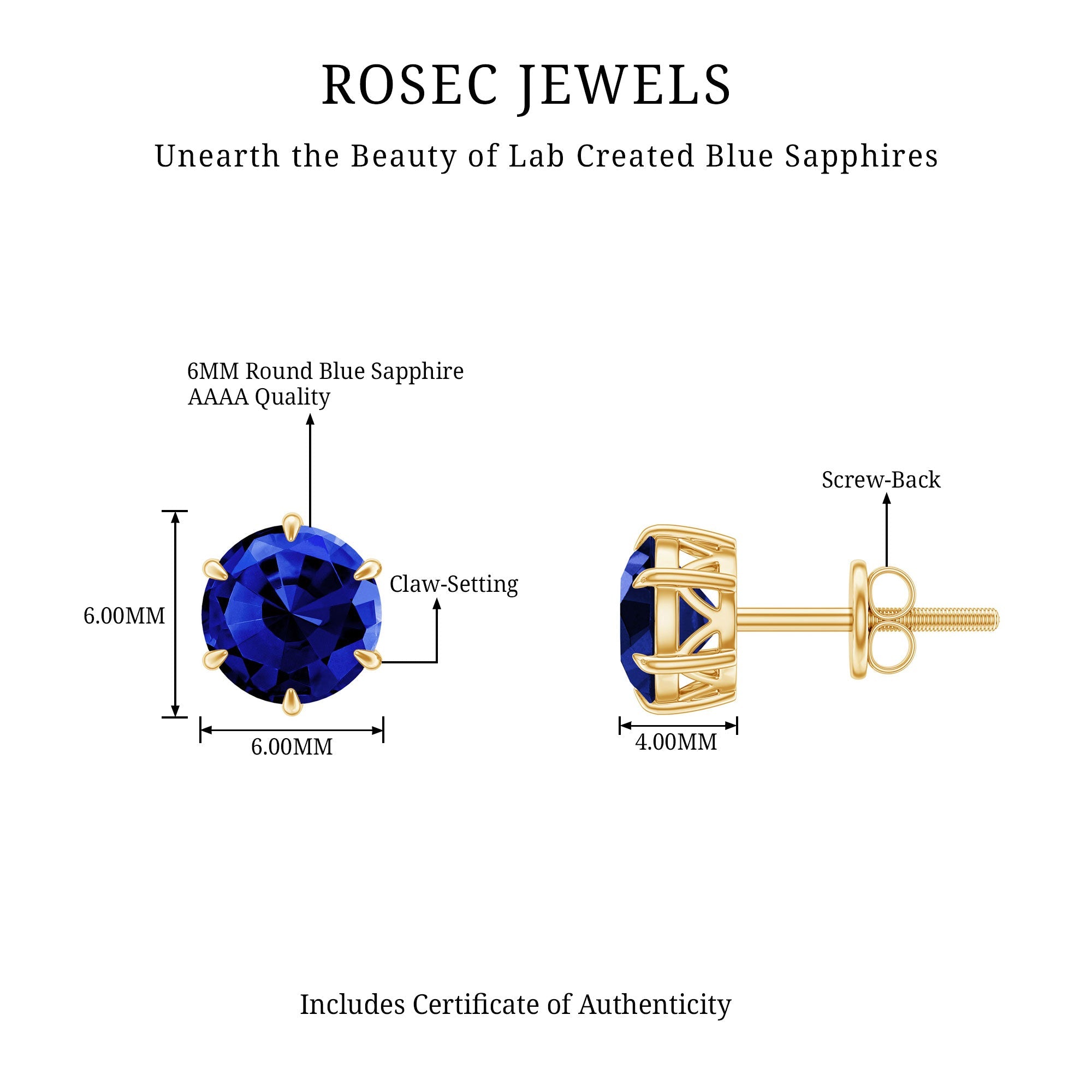 2 CT Lab Created Blue Sapphire Stud Earrings in 6 Prong Setting