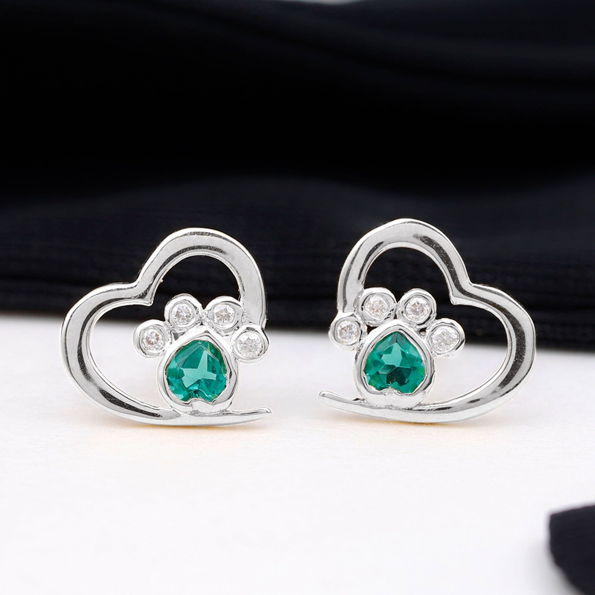Lab Created Emerald and Moissanite Heart Paw Stud Earrings