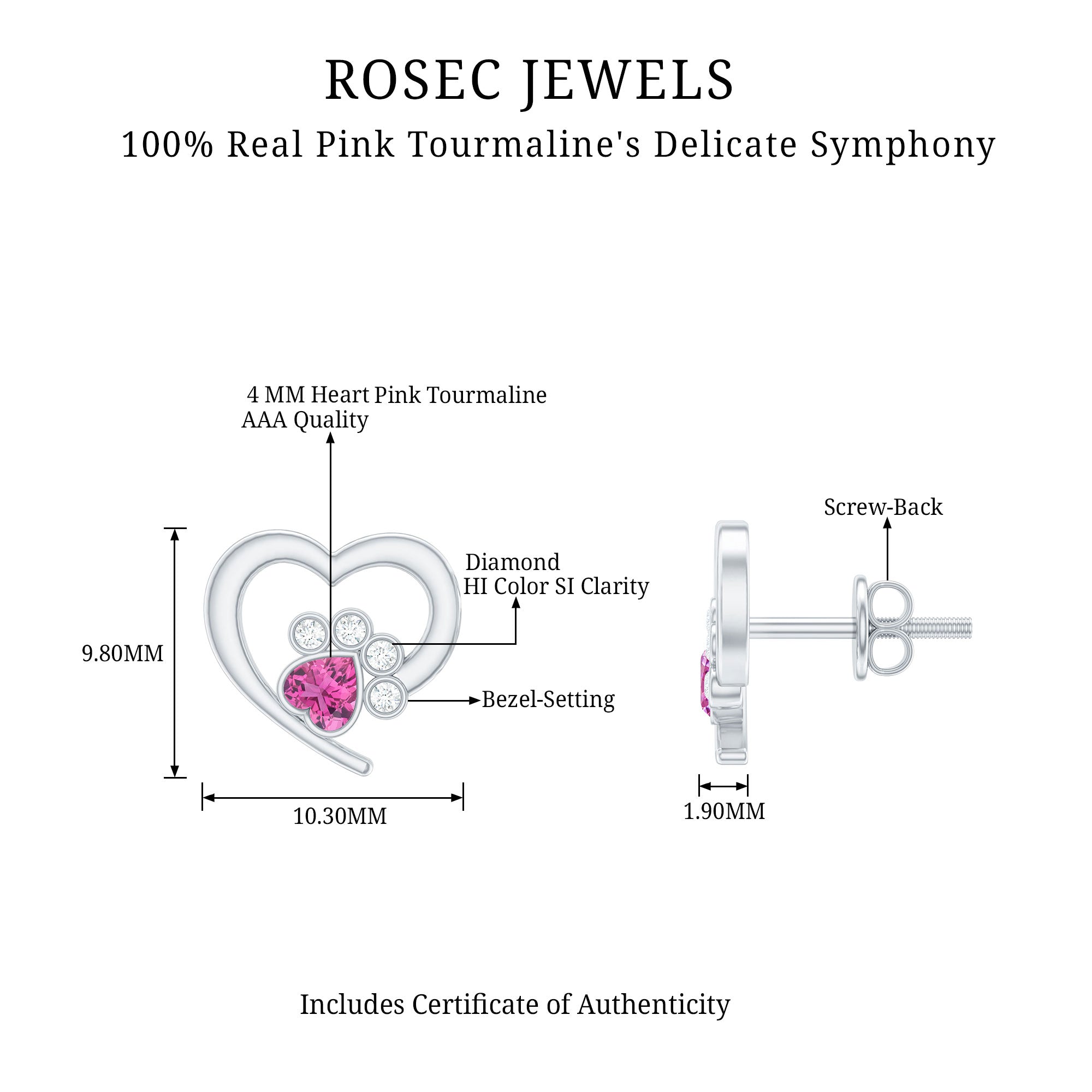 Heart Shape Pink Tourmaline and Diamond Dog Paw Stud Earrings