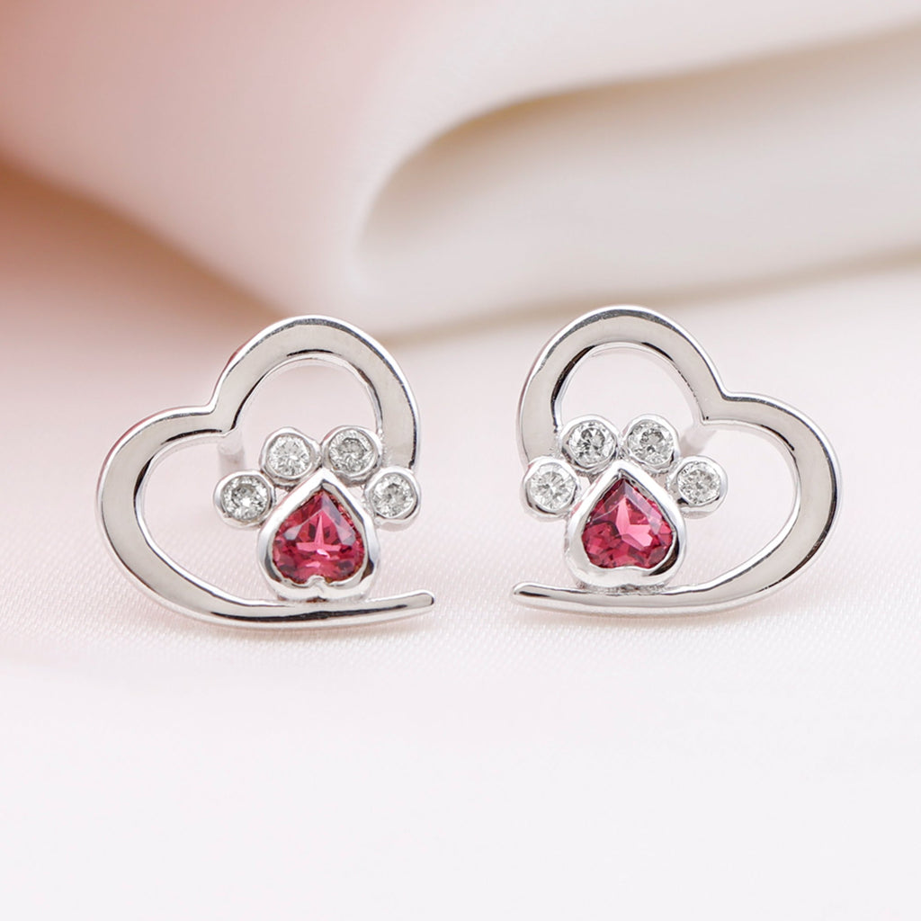 Heart Shape Pink Tourmaline and Diamond Dog Paw Stud Earrings