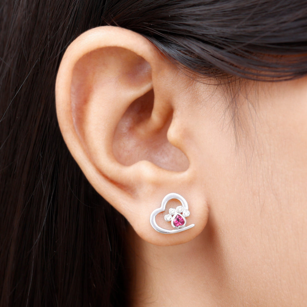 Heart Shape Pink Tourmaline and Diamond Dog Paw Stud Earrings