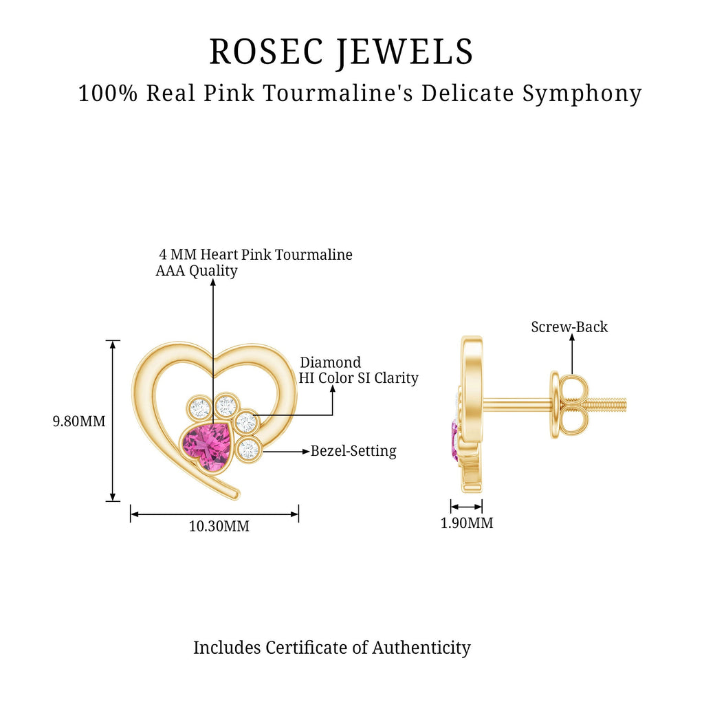 Heart Shape Pink Tourmaline and Diamond Dog Paw Stud Earrings