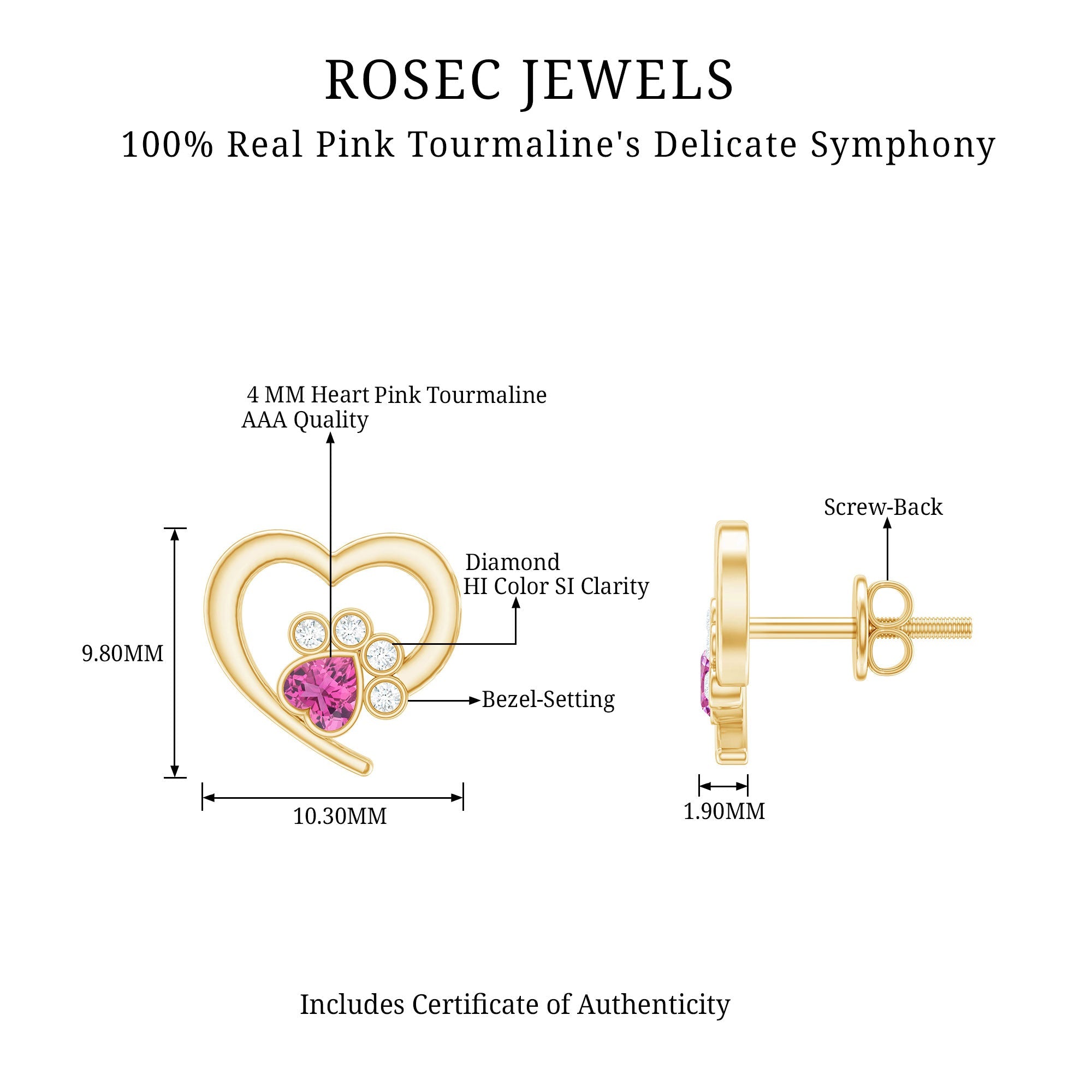 Heart Shape Pink Tourmaline and Diamond Dog Paw Stud Earrings