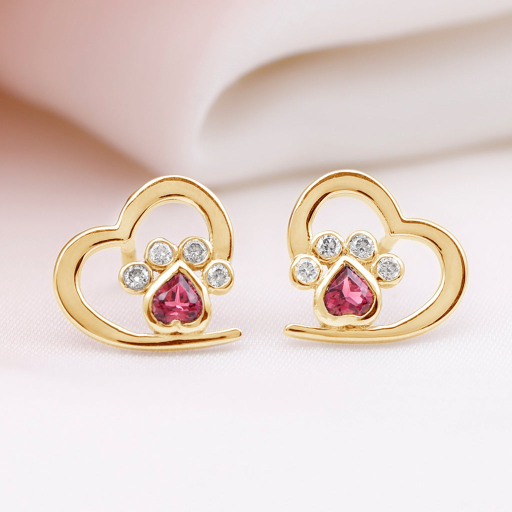 Heart Shape Pink Tourmaline and Diamond Dog Paw Stud Earrings