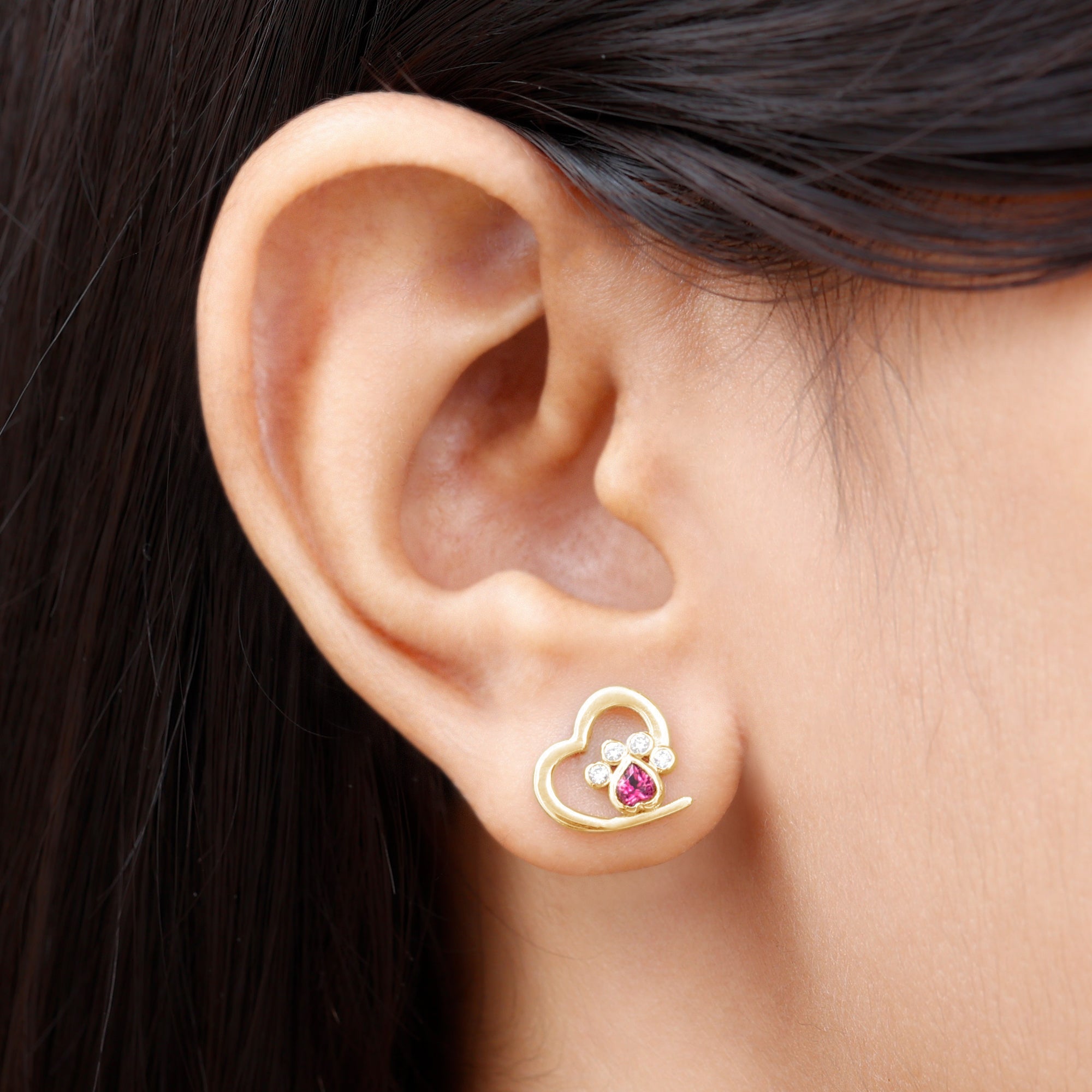 Heart Shape Pink Tourmaline and Diamond Dog Paw Stud Earrings
