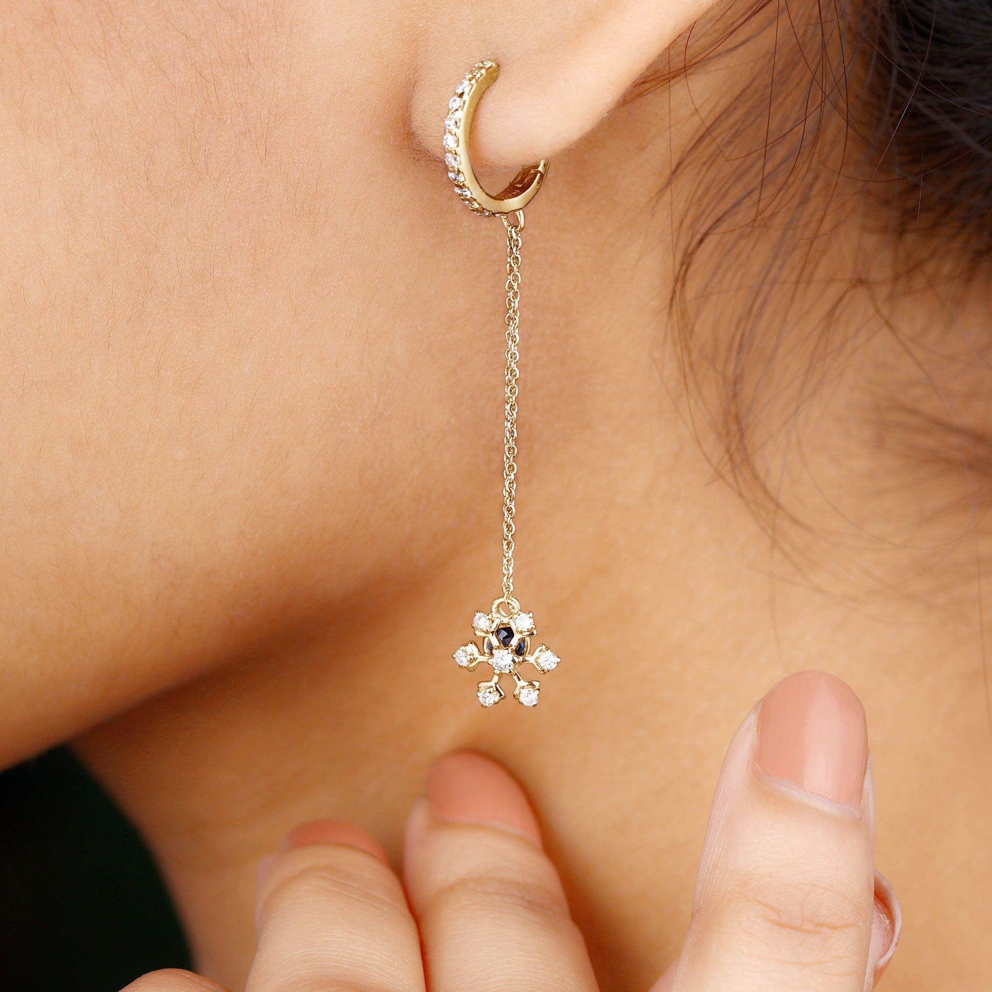Real Blue Sapphire and Diamond Snowflake Dangle Hoop Earrings