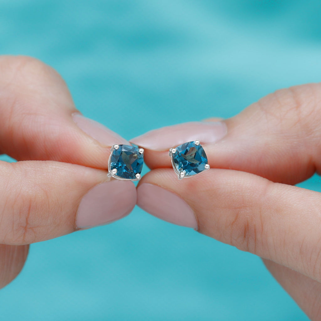 2.5 Carat Cushion Cut London Blue Topaz Stud Earrings