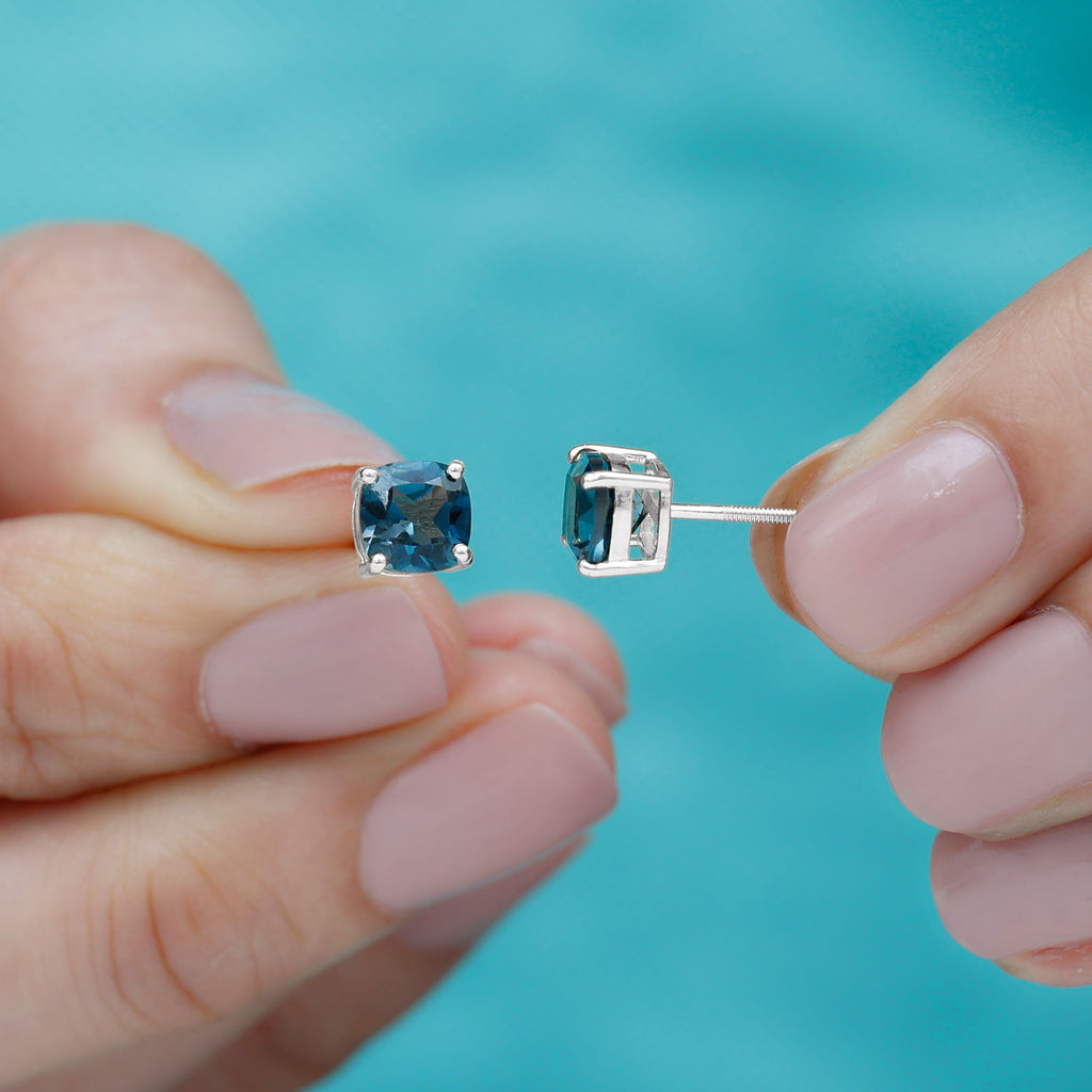 2.5 Carat Cushion Cut London Blue Topaz Stud Earrings