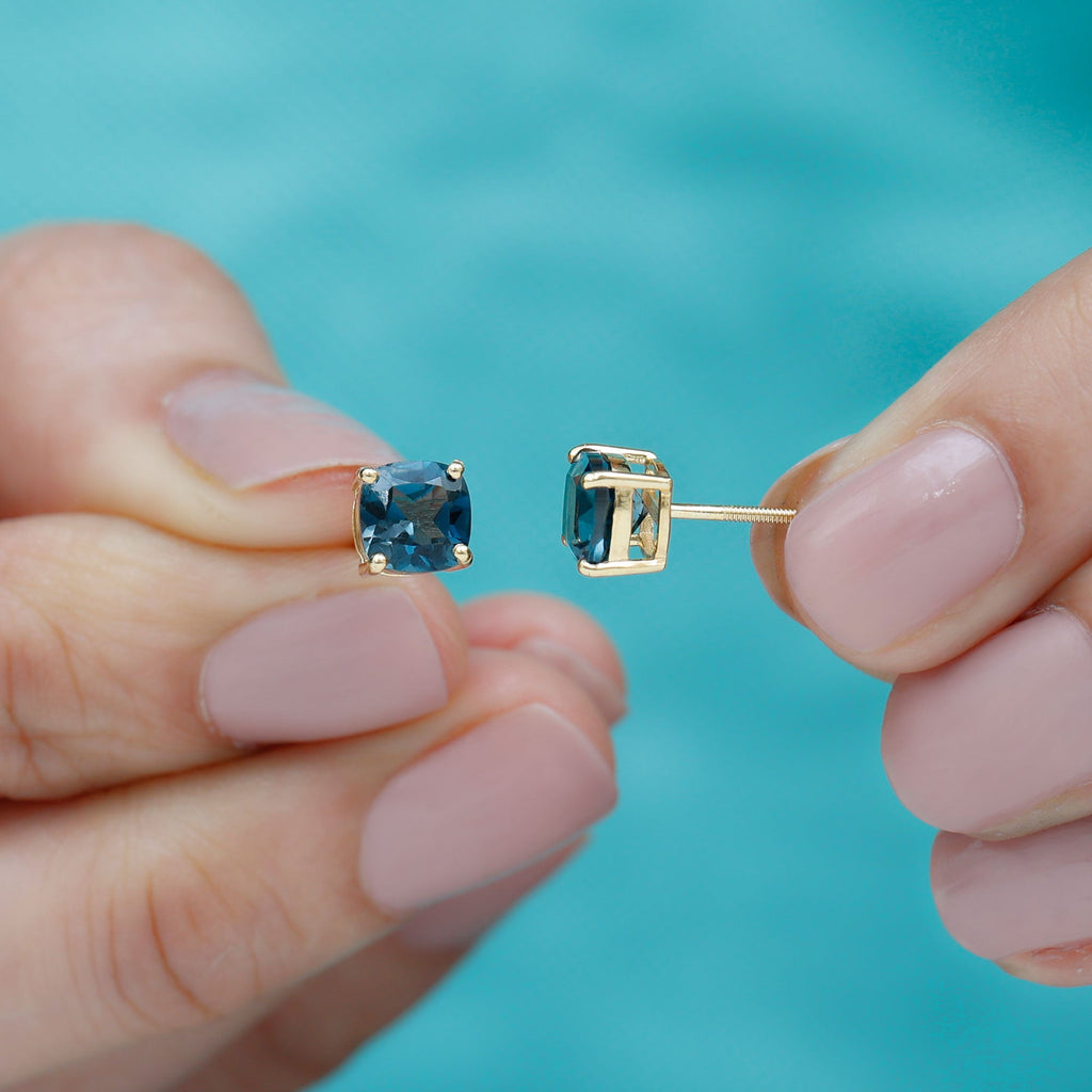 2.5 Carat Cushion Cut London Blue Topaz Stud Earrings
