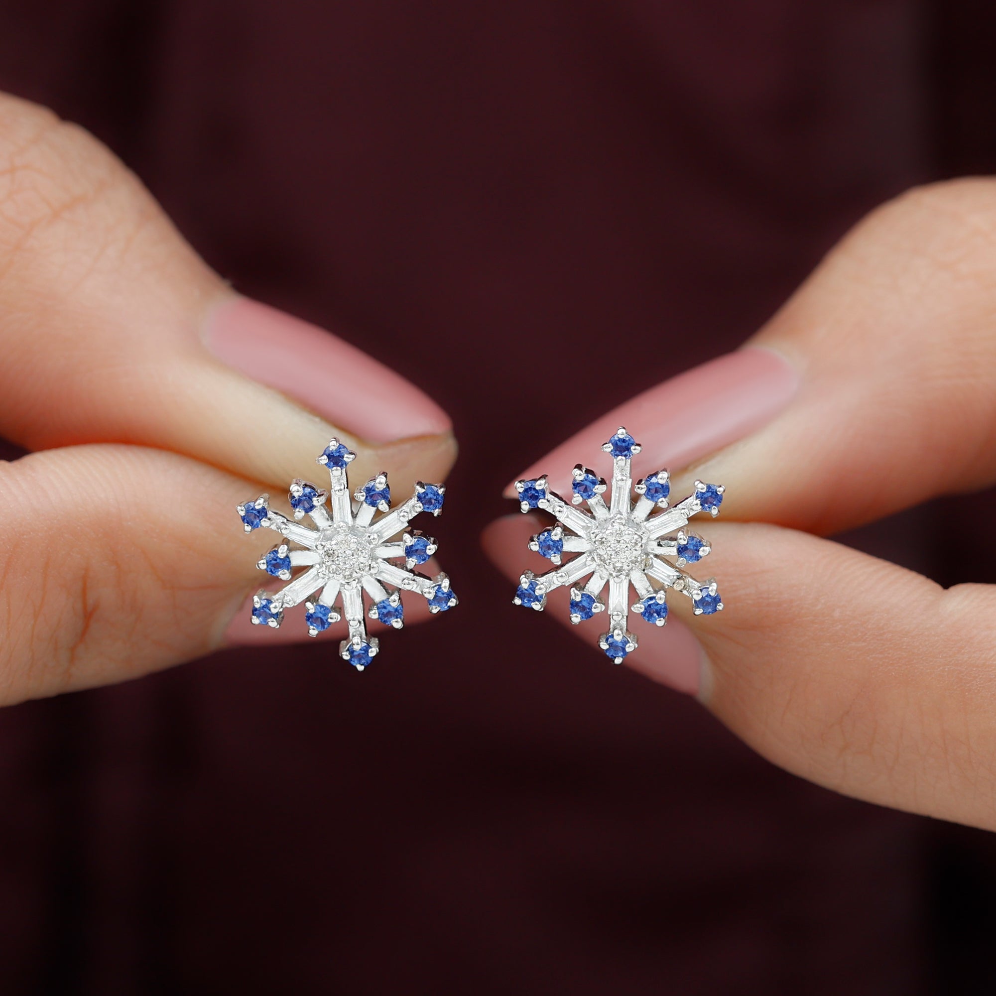 Lab Grown Blue Sapphire and Diamond Snowflake Stud Earrings