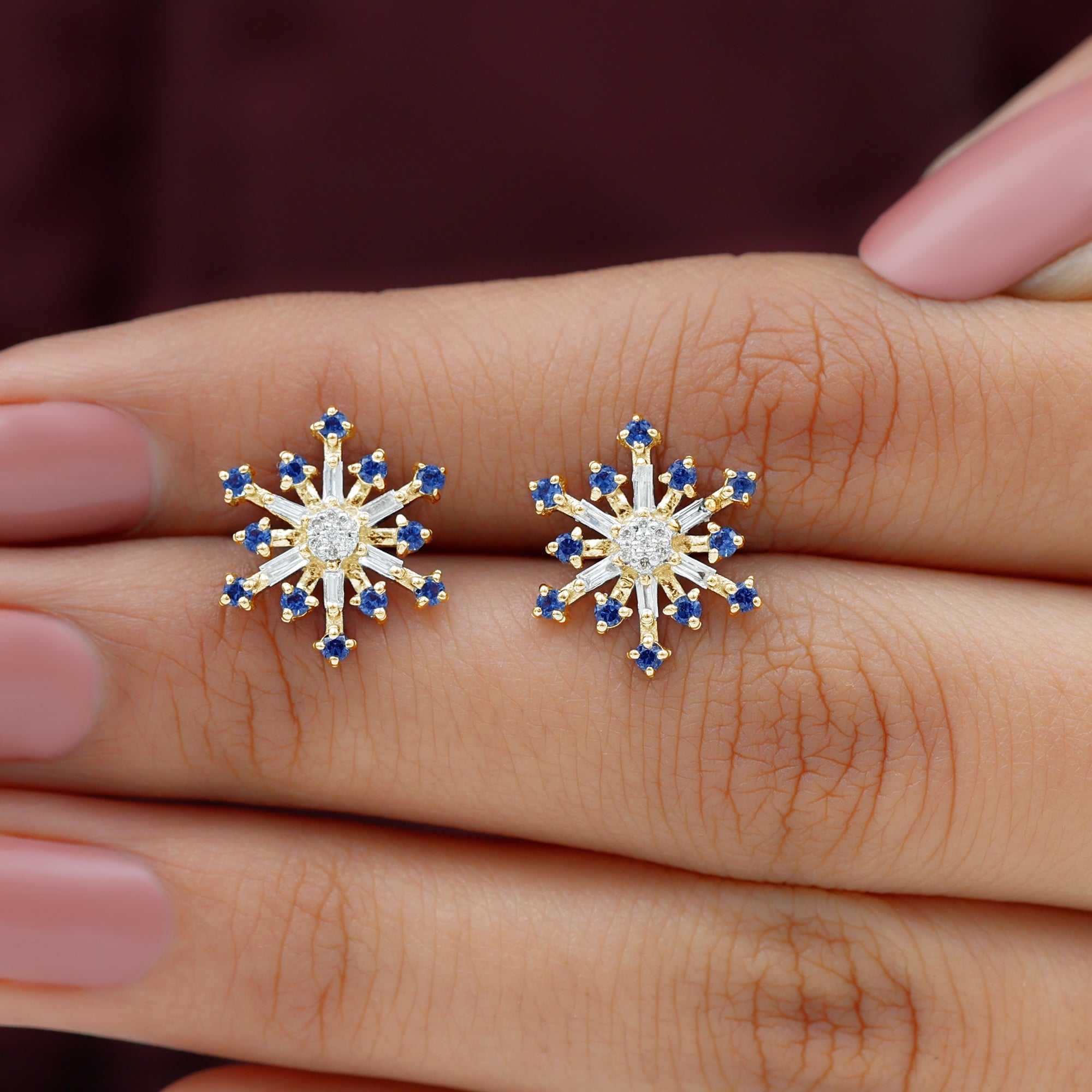 Lab Grown Blue Sapphire and Diamond Snowflake Stud Earrings