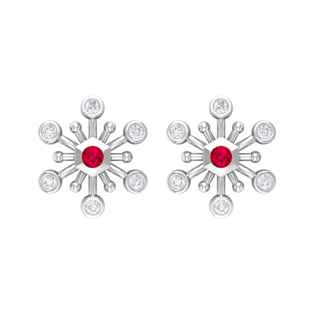 Created Ruby and Diamond Snowflake Contemporary Stud Earrings