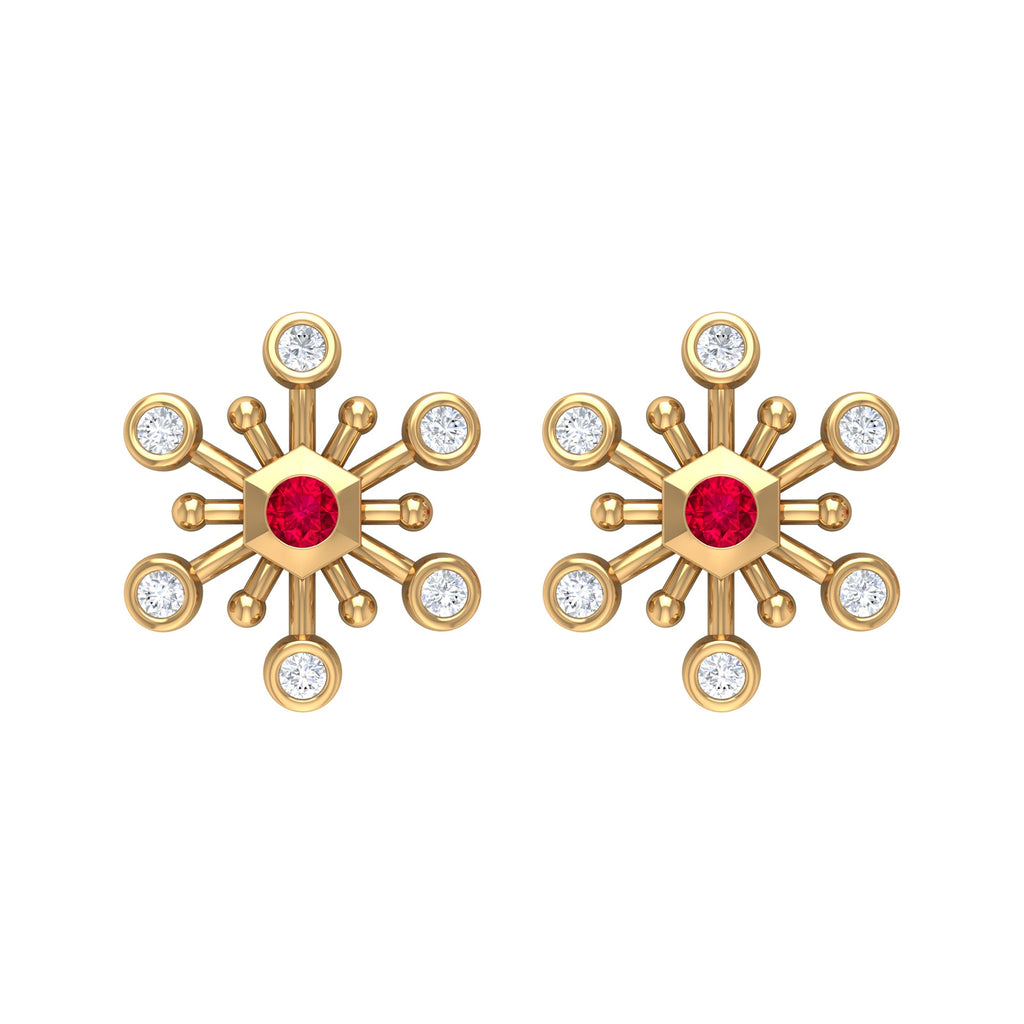 Created Ruby and Diamond Snowflake Contemporary Stud Earrings