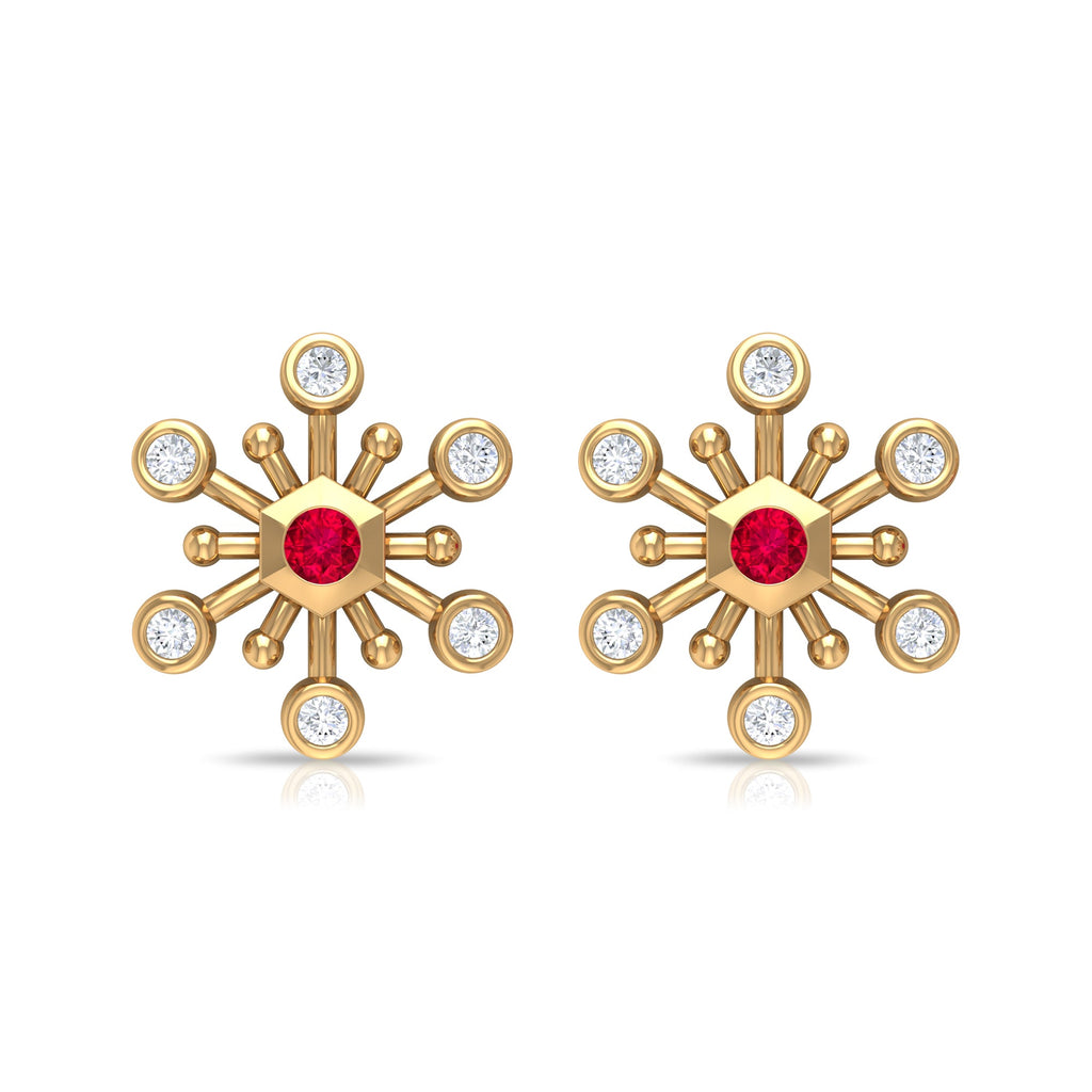 Created Ruby and Diamond Snowflake Contemporary Stud Earrings
