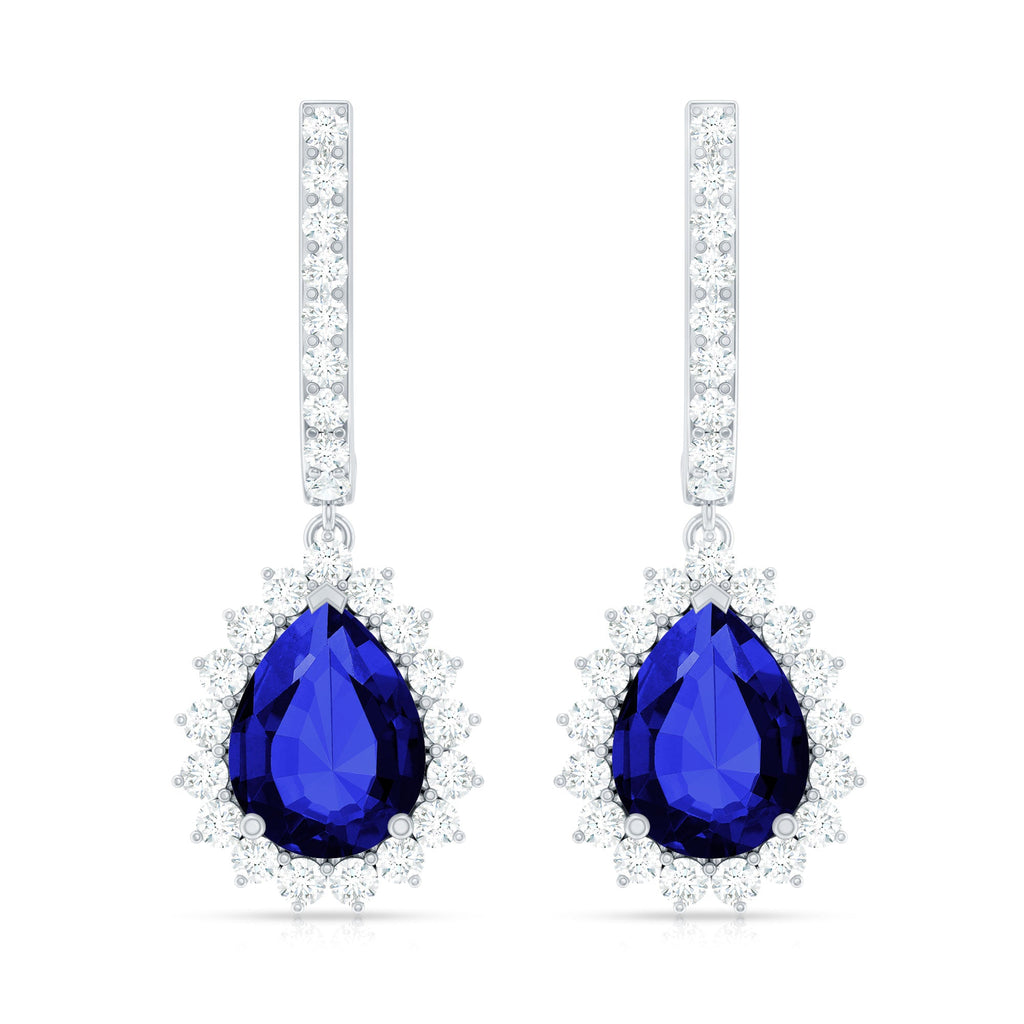 Pear Shaped Lab Grown Blue Sapphire and Diamond Hoop Drop Earrings