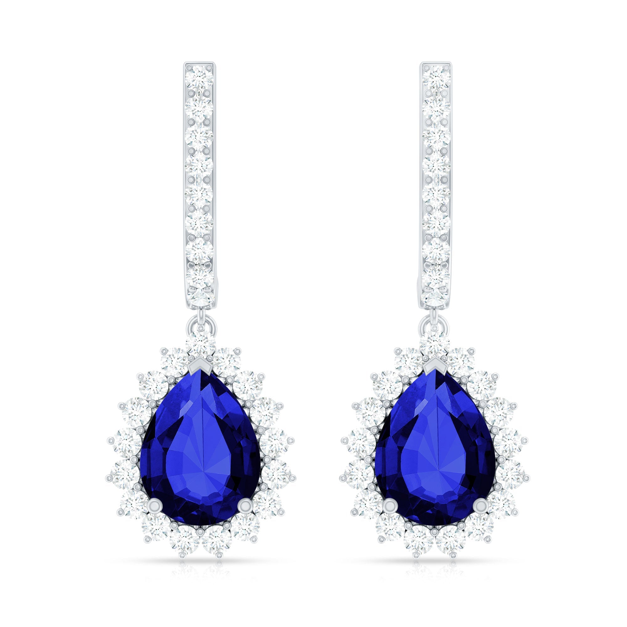Pear Shaped Lab Grown Blue Sapphire and Diamond Hoop Drop Earrings