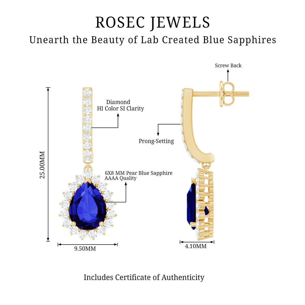 Pear Shaped Lab Grown Blue Sapphire and Diamond Hoop Drop Earrings