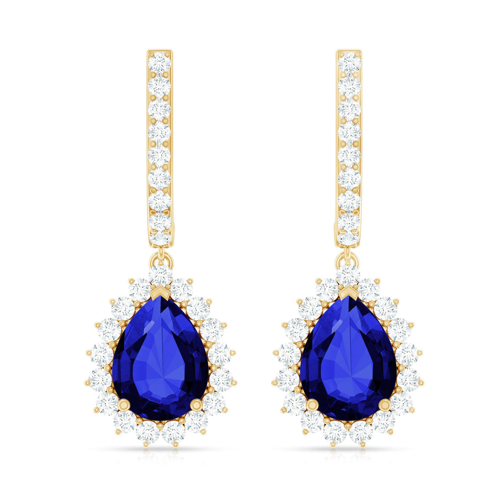 Pear Shaped Lab Grown Blue Sapphire and Diamond Hoop Drop Earrings