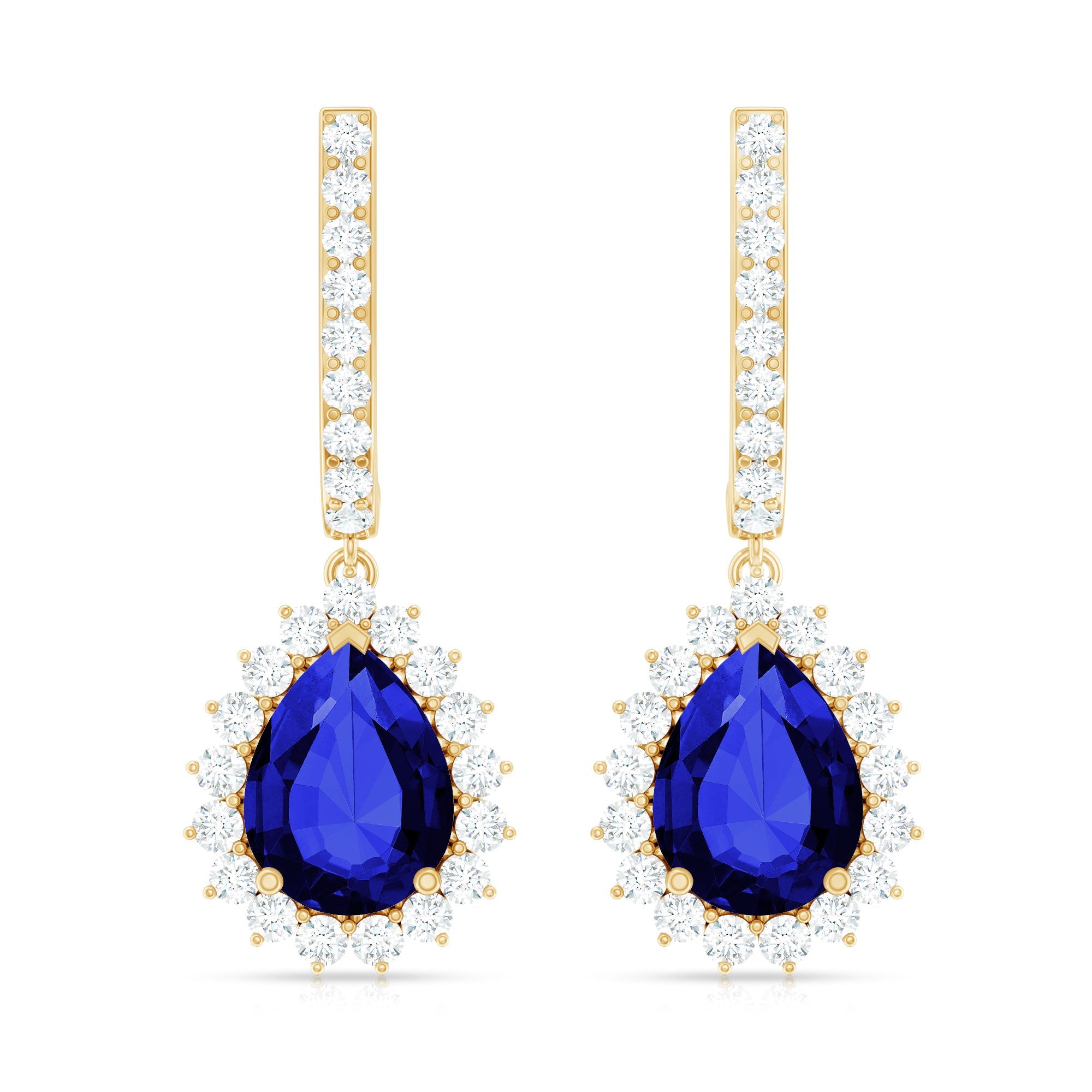 Pear Shaped Lab Grown Blue Sapphire and Diamond Hoop Drop Earrings