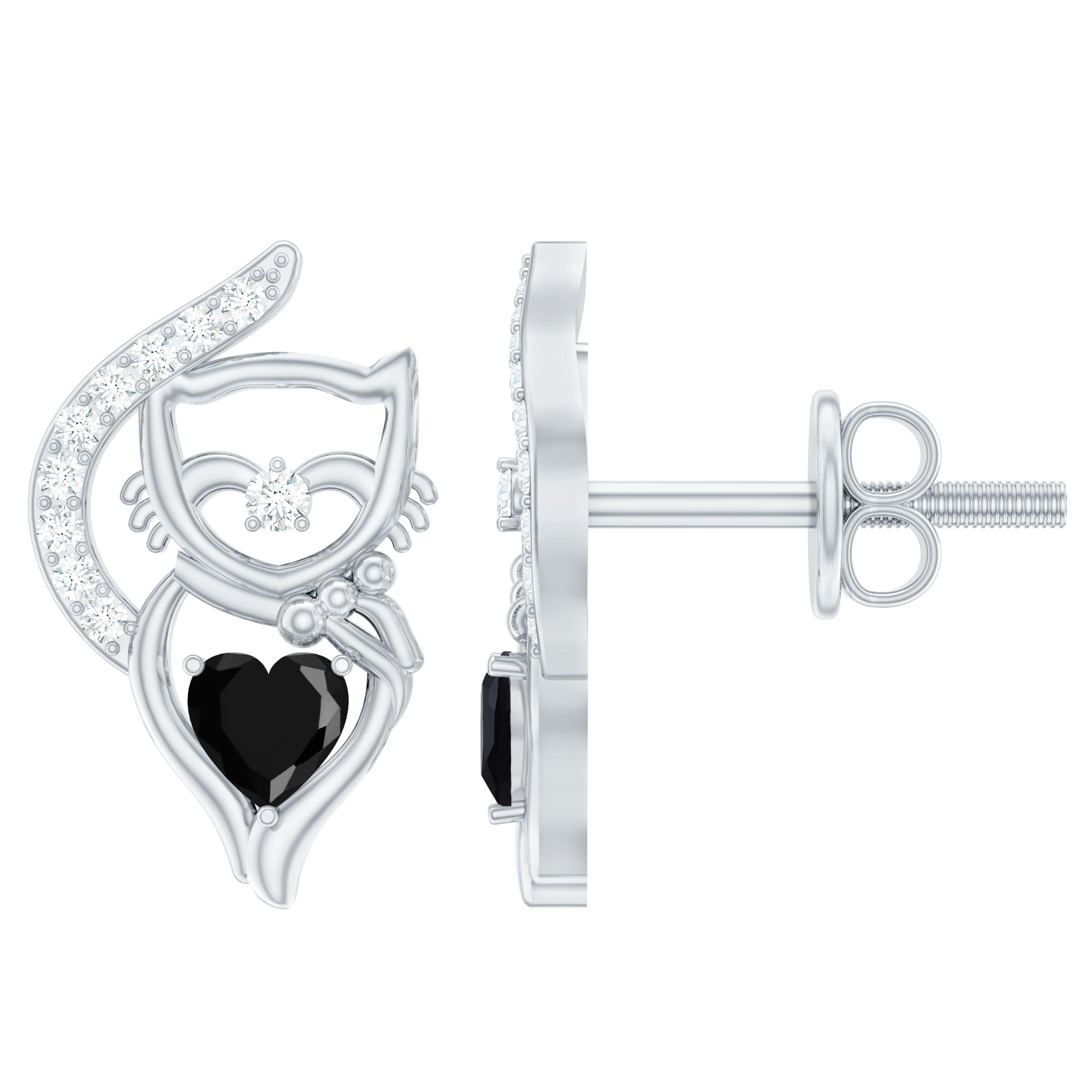 Heart Shape Black Onyx Cat Stud Earrings