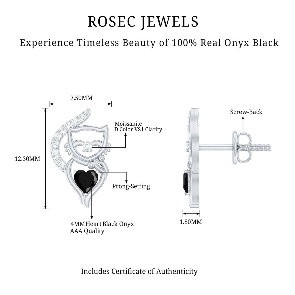 Heart Shape Black Onyx Cat Stud Earrings