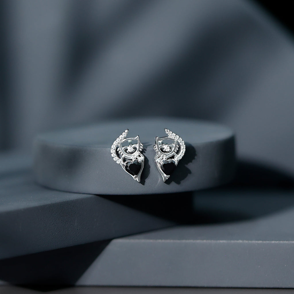 Heart Shape Black Onyx Cat Stud Earrings