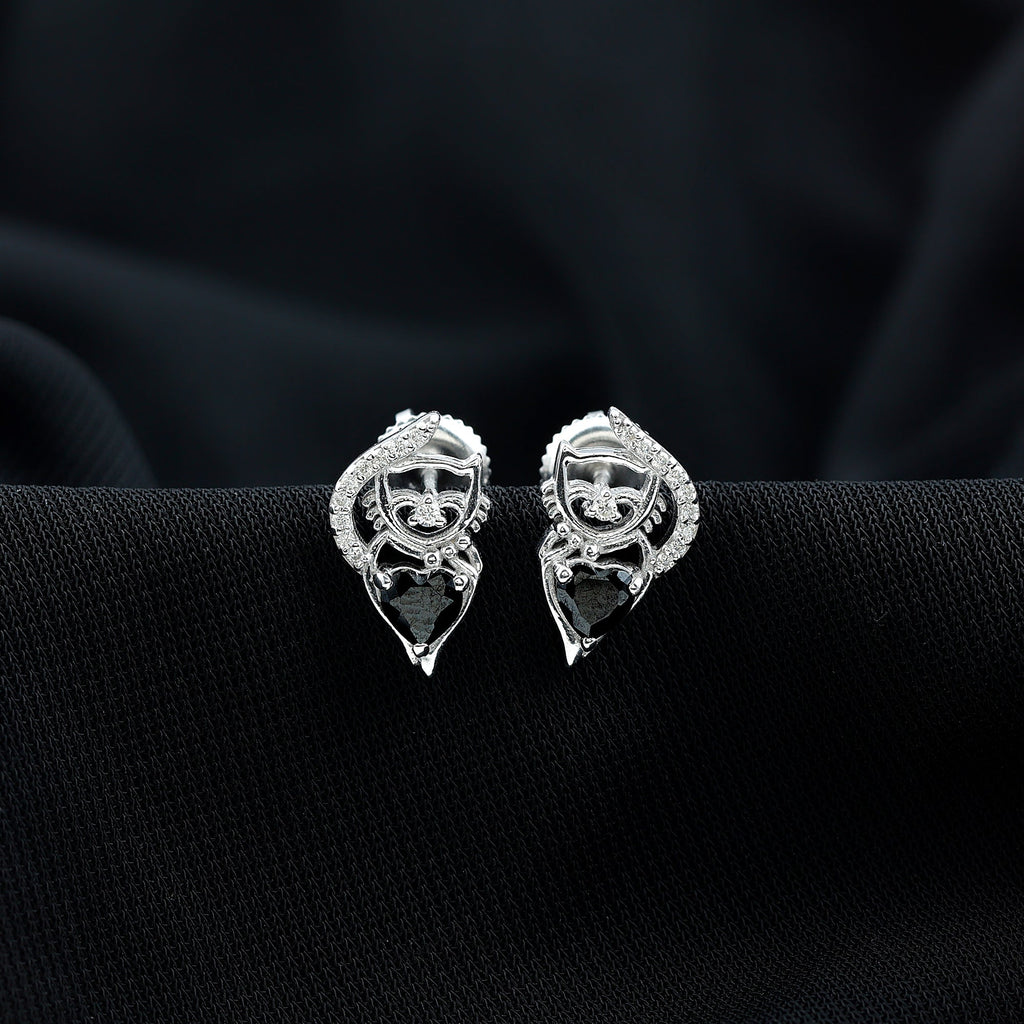 Heart Shape Black Onyx Cat Stud Earrings