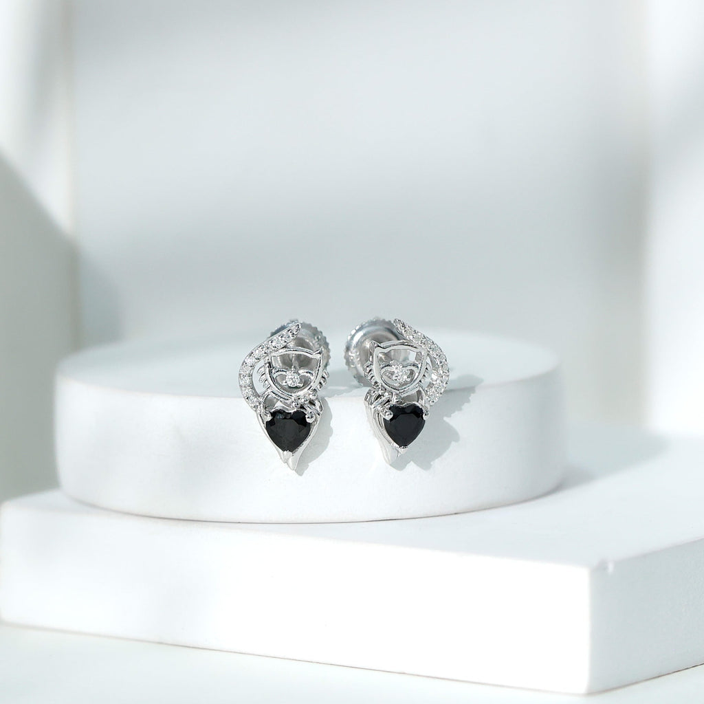 Heart Shape Black Onyx Cat Stud Earrings