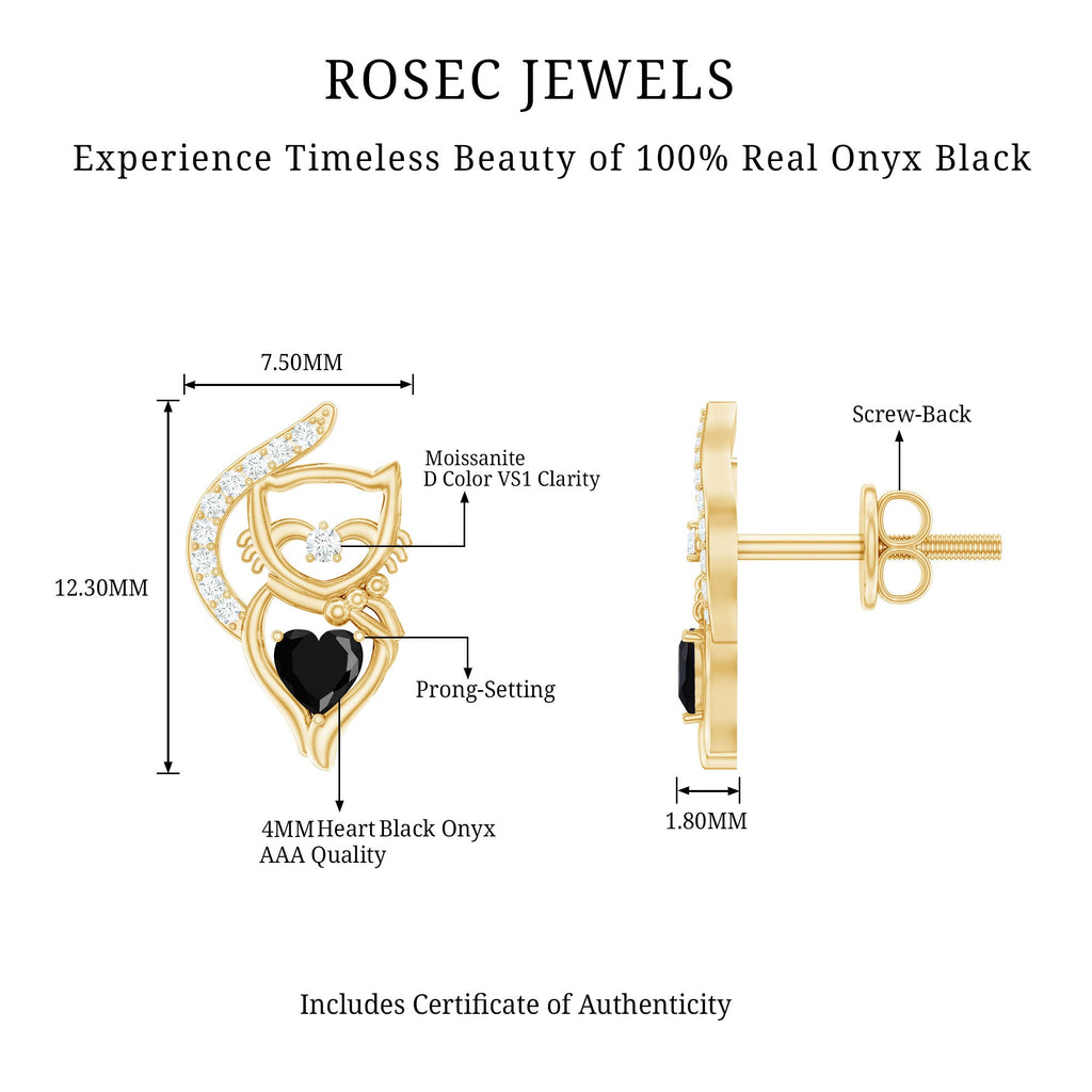 Heart Shape Black Onyx Cat Stud Earrings