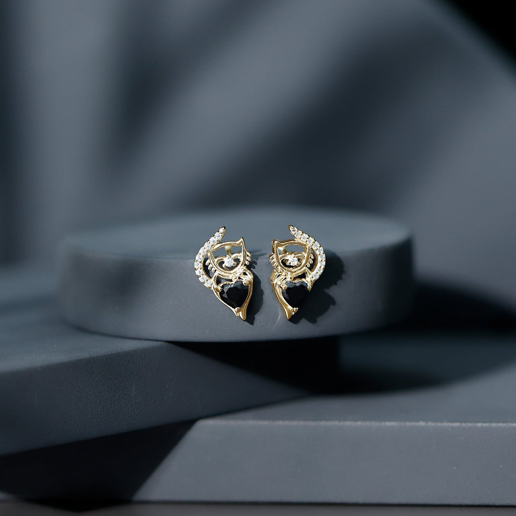 Heart Shape Black Onyx Cat Stud Earrings