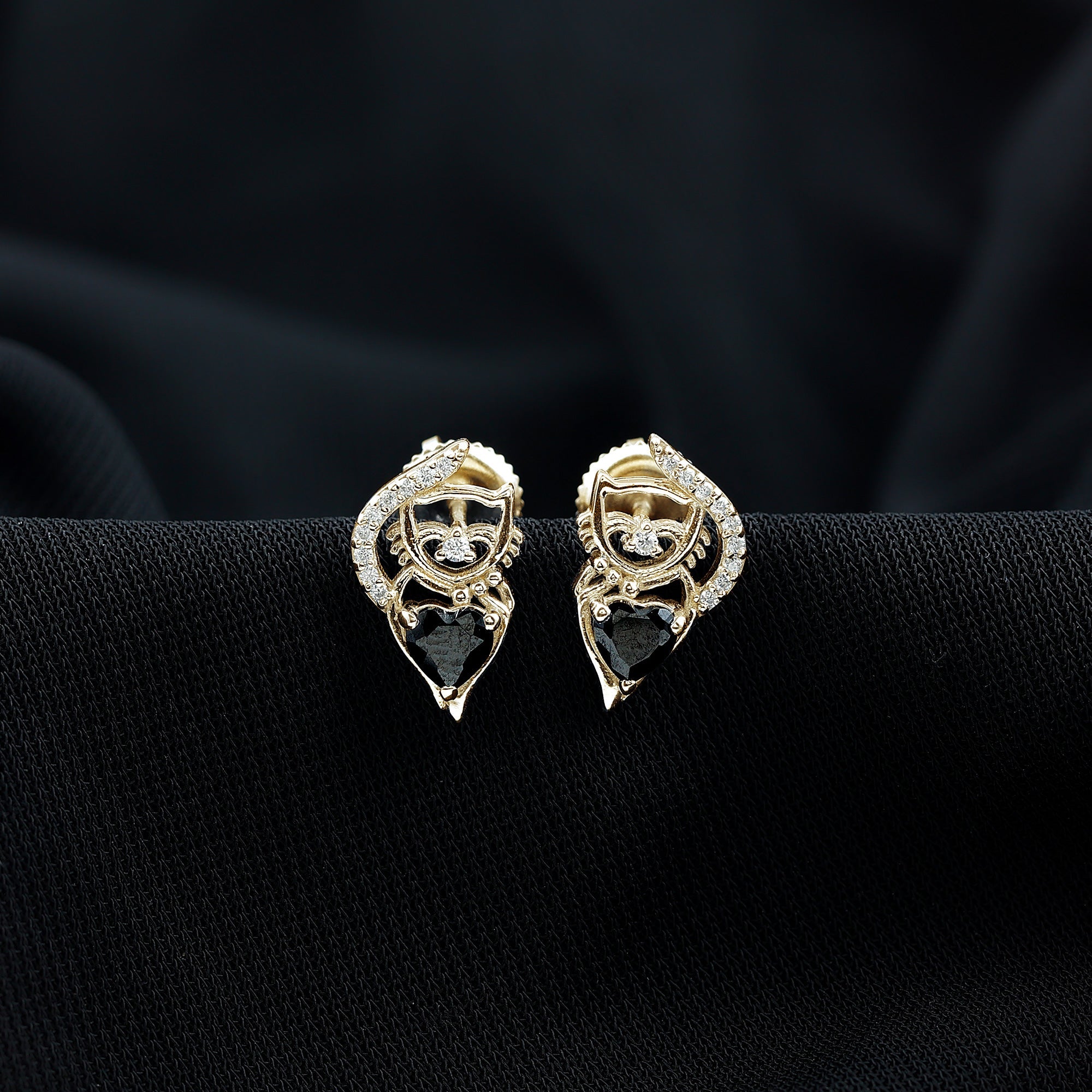 Heart Shape Black Onyx Cat Stud Earrings