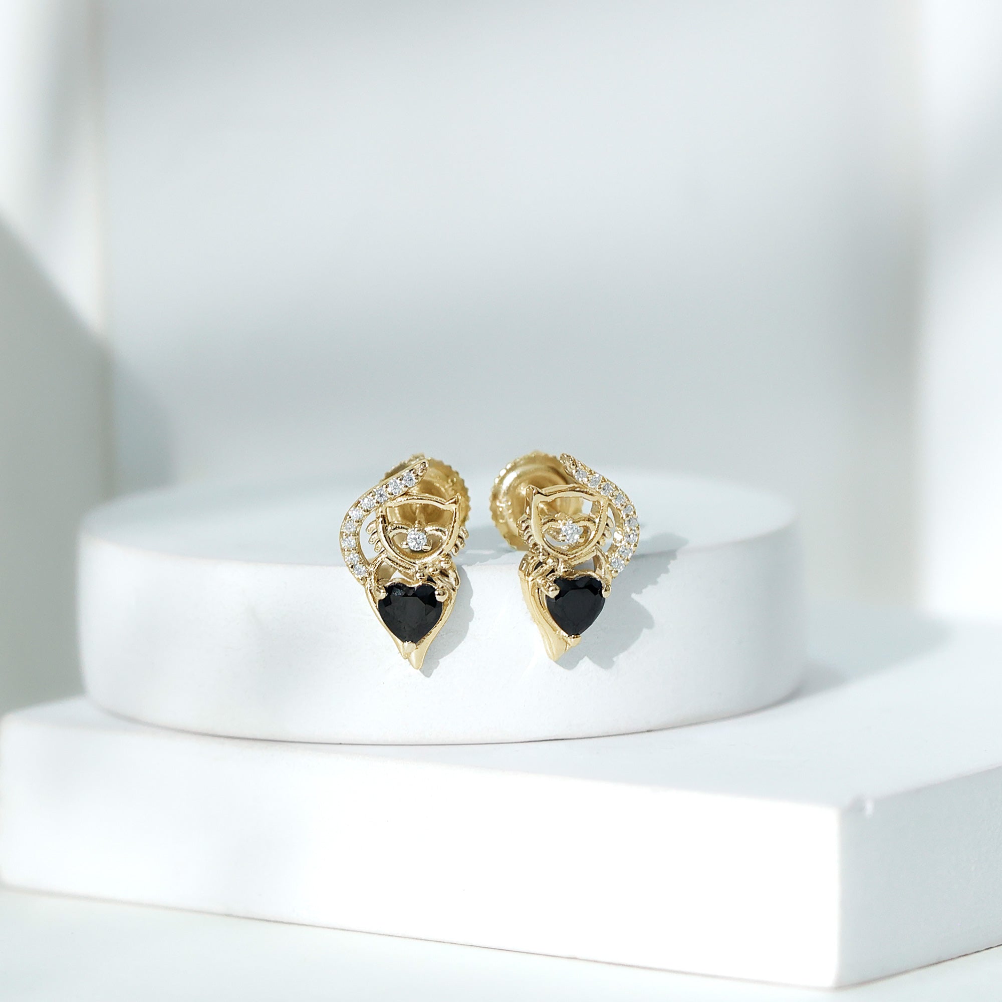 Heart Shape Black Onyx Cat Stud Earrings