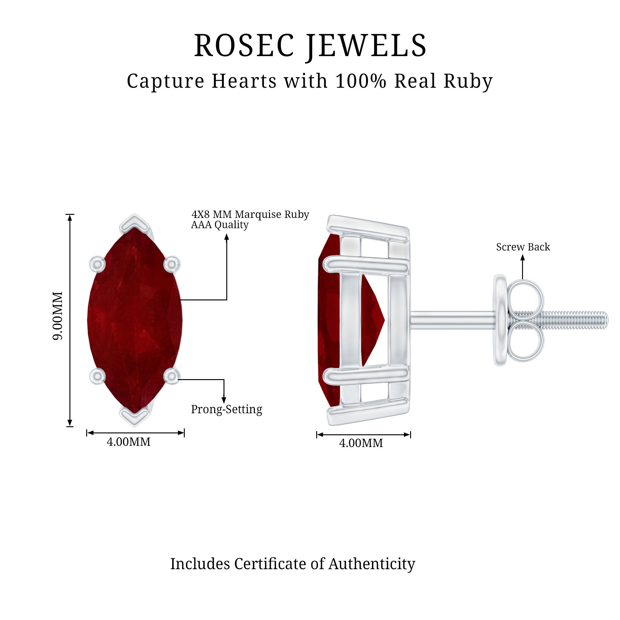 Natural 1.5 Carat Marquise Ruby Stud Earrings with Screw Back