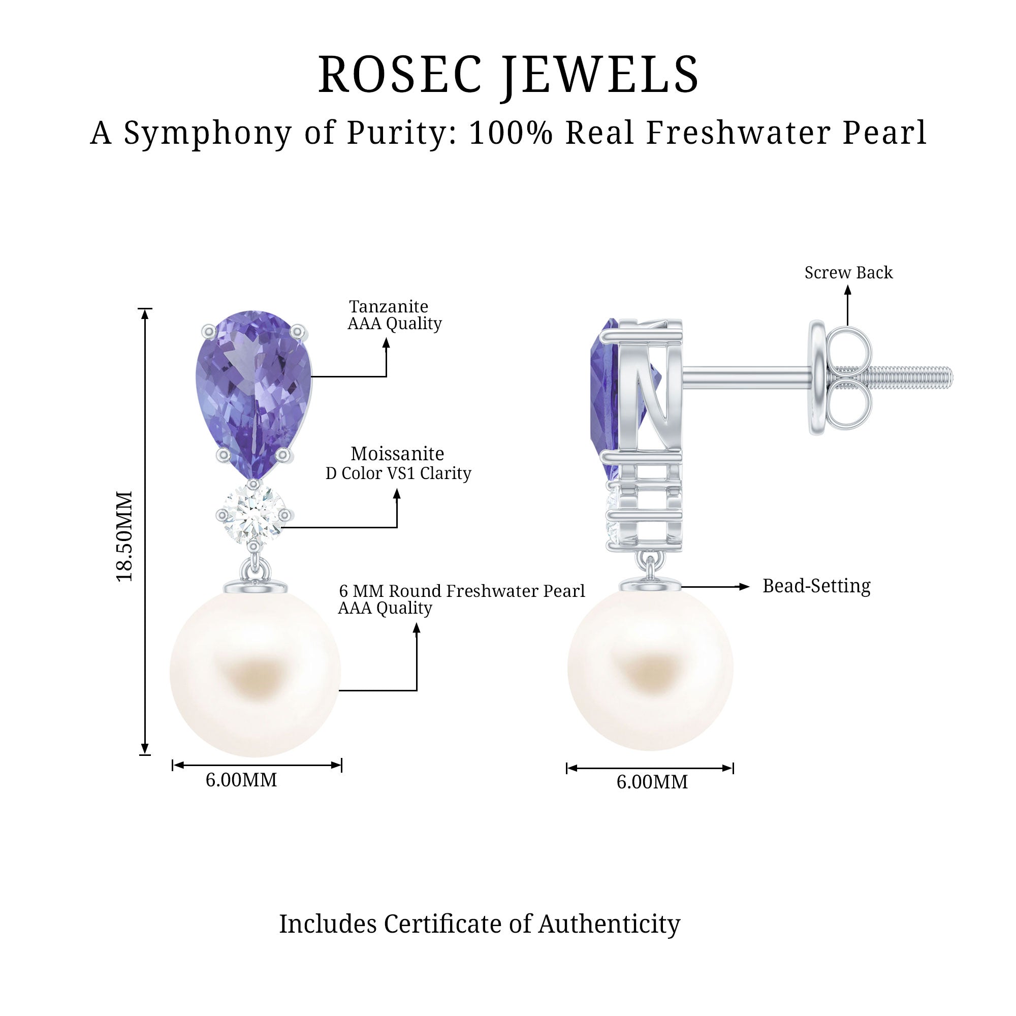 Genuine Freshwater Pearl Drop Earrings with Tanzanite