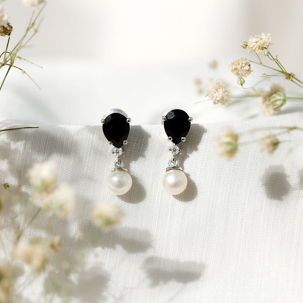 5.75 CT Freshwater Pearl Drop Earrings with Black Onyx and Moissanite