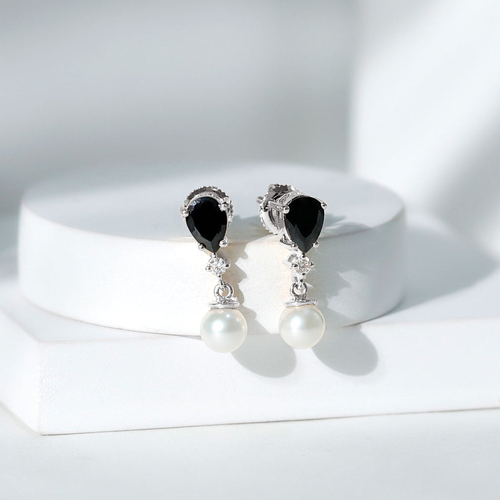 5.75 CT Freshwater Pearl Drop Earrings with Black Onyx and Moissanite