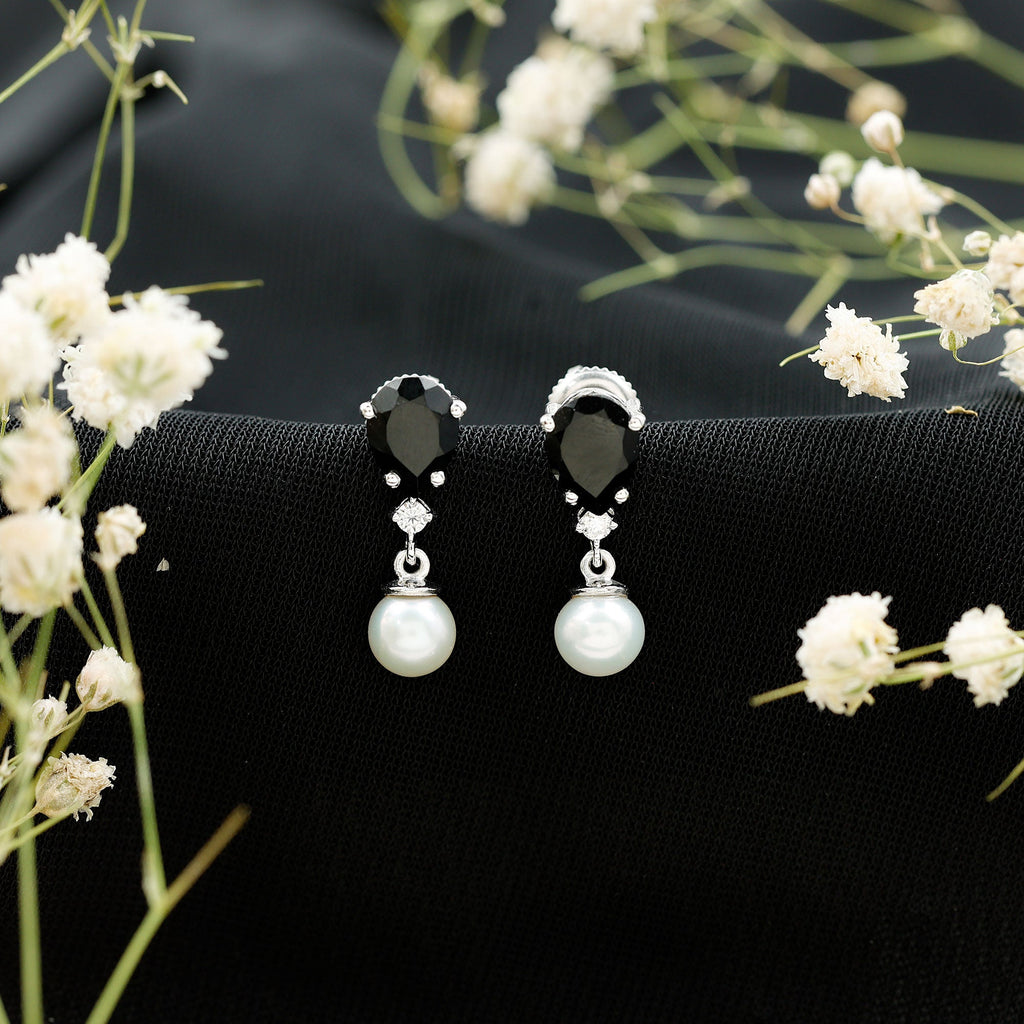 5.75 CT Freshwater Pearl Drop Earrings with Black Onyx and Moissanite