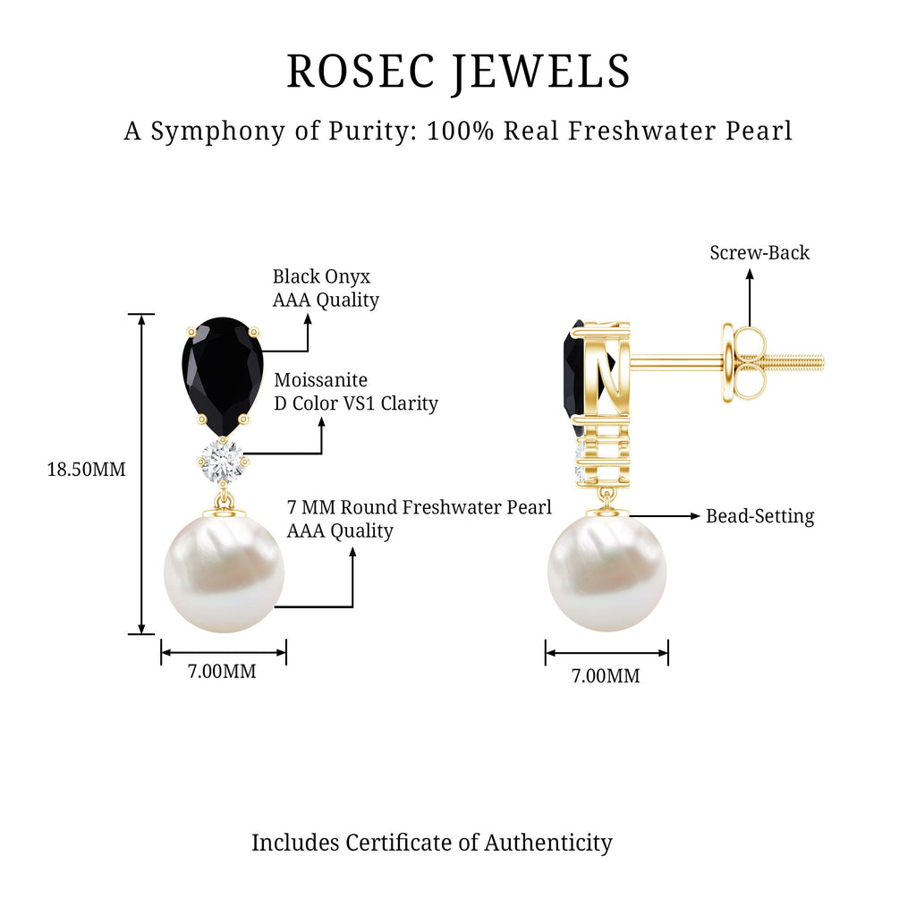 5.75 CT Freshwater Pearl Drop Earrings with Black Onyx and Moissanite